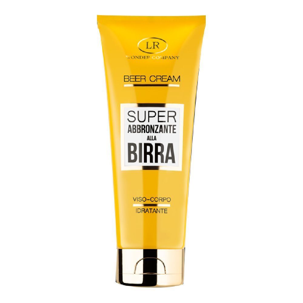 Tubo giallo "BEER CREAM". Scritta "SUPER ABBRONZANTE ALLA BIRRA". Tappo dorato.