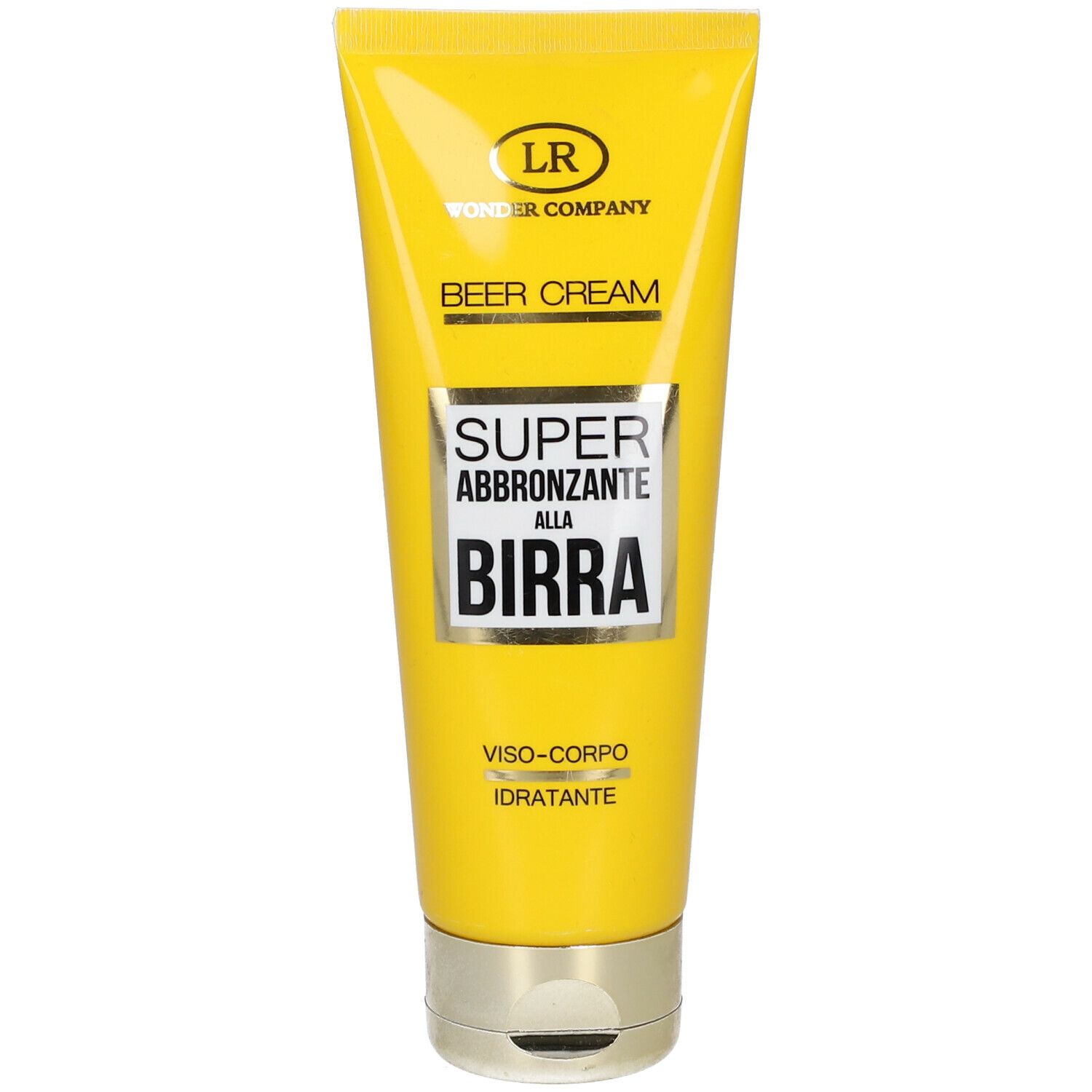 Tubo giallo "BEER CREAM". Scritta "SUPER ABBRONZANTE ALLA BIRRA". Tappo dorato.