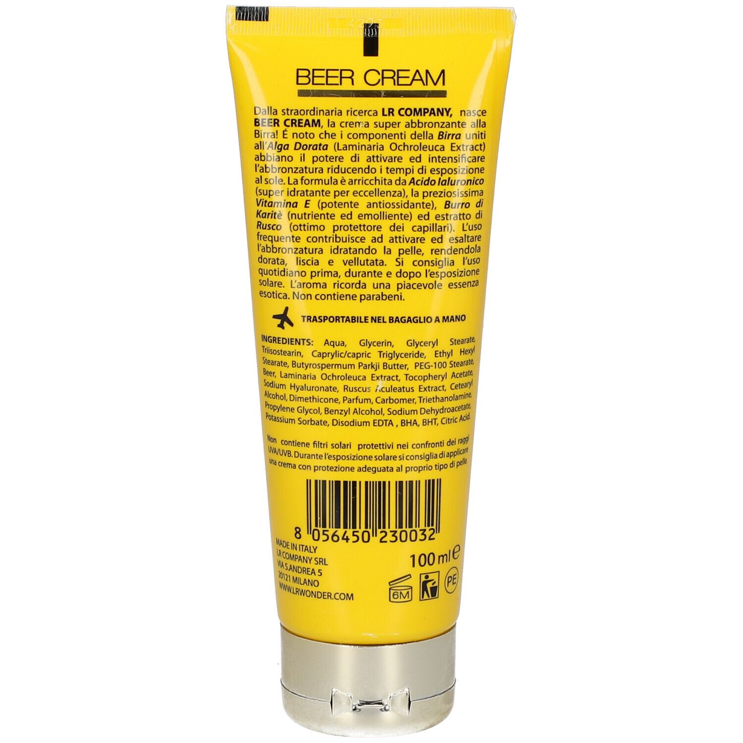 Retro di un tubo giallo. Testo con ingredienti e informazioni. Tappo dorato.