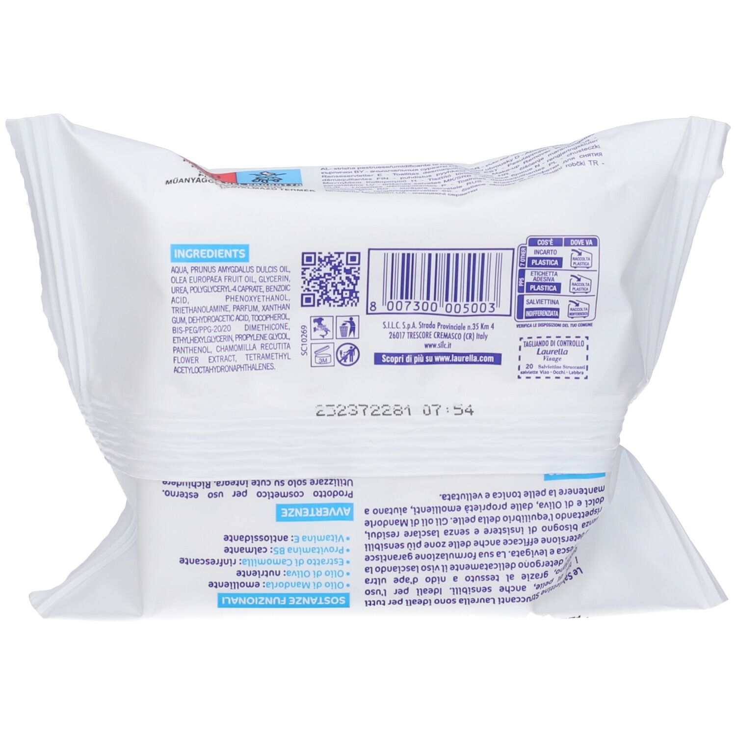 Verpackung von Feuchttüchern mit Zutatenliste und Barcode.