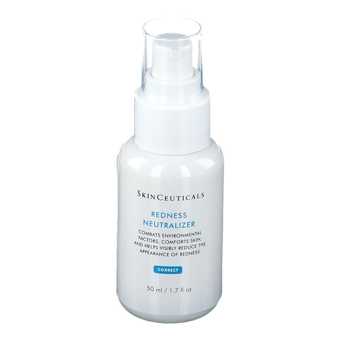 Weiße Flasche mit Sprühkopf. SkinCeuticals Redness Neutralizer. Mit transparentem Deckel. 50 ml.