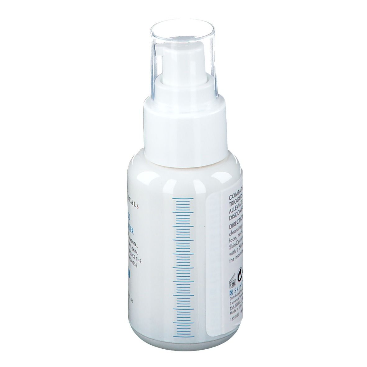 Rückansicht der weißen Flasche mit Sprühkopf. SkinCeuticals Redness Neutralizer. Blaue Messskala.