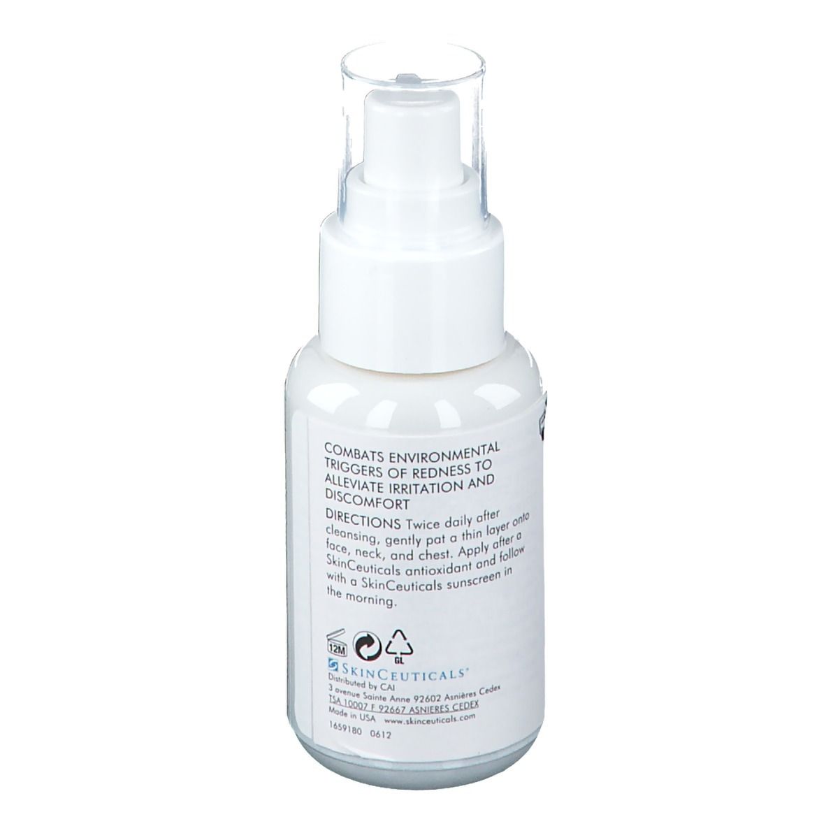 Rückansicht der weißen Flasche mit Sprühkopf. SkinCeuticals Redness Neutralizer. Text und Symbole.