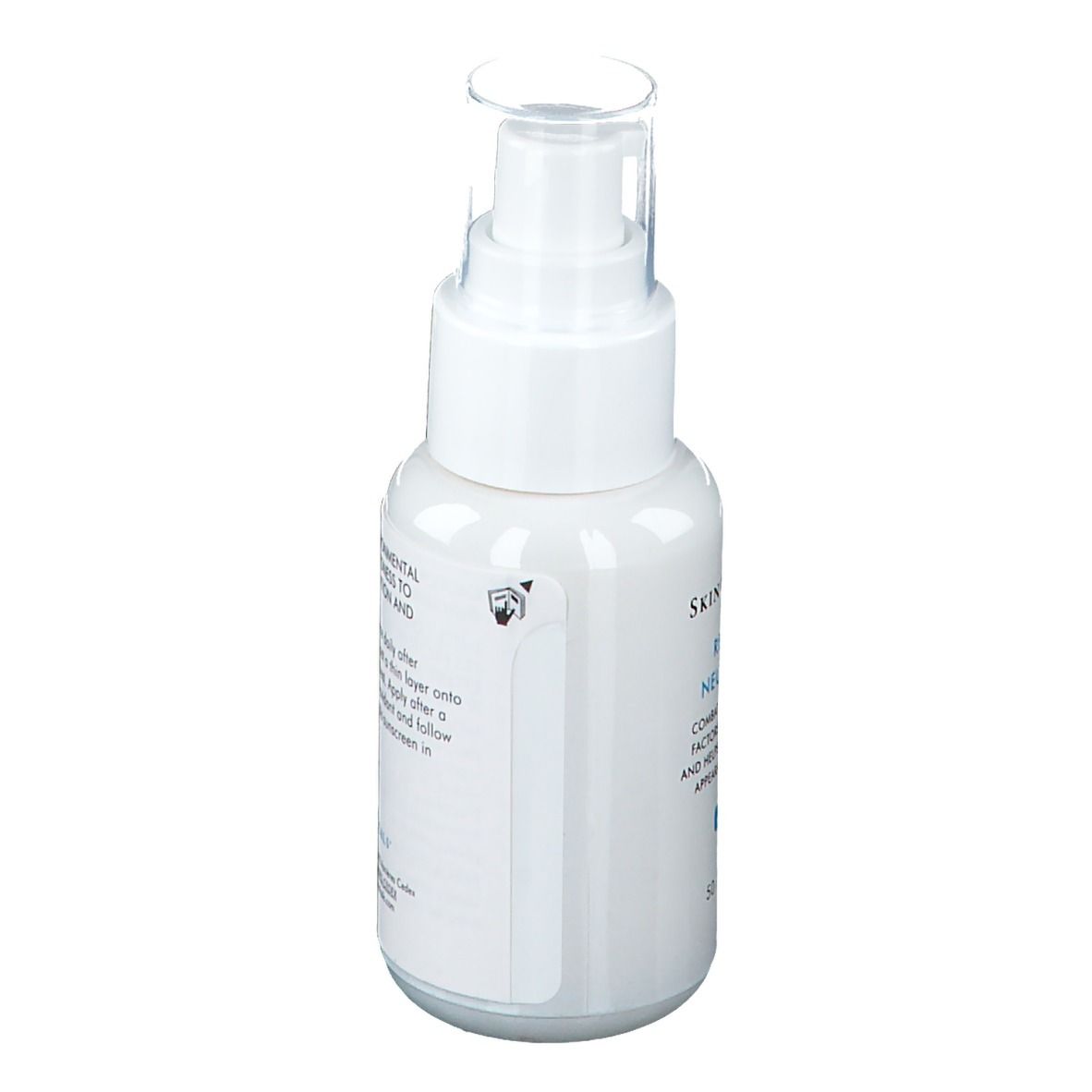 Rückansicht der weißen Flasche mit Sprühkopf. SkinCeuticals Redness Neutralizer. Text und Symbole.