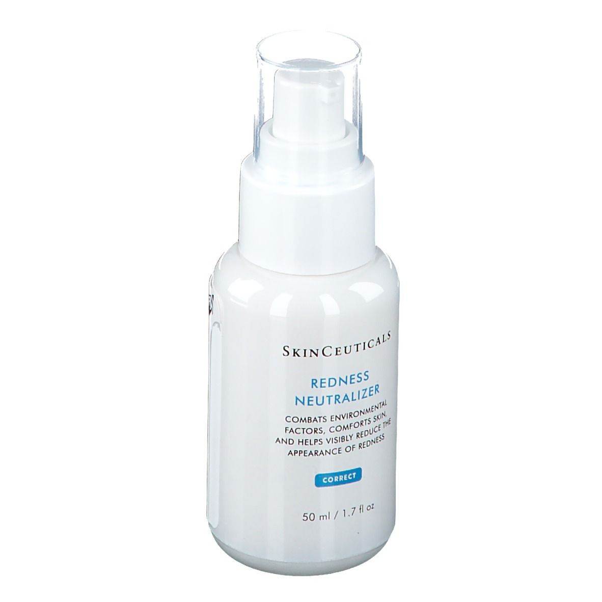 Weiße Flasche mit Sprühkopf. SkinCeuticals Redness Neutralizer. Mit transparentem Deckel. 50 ml.