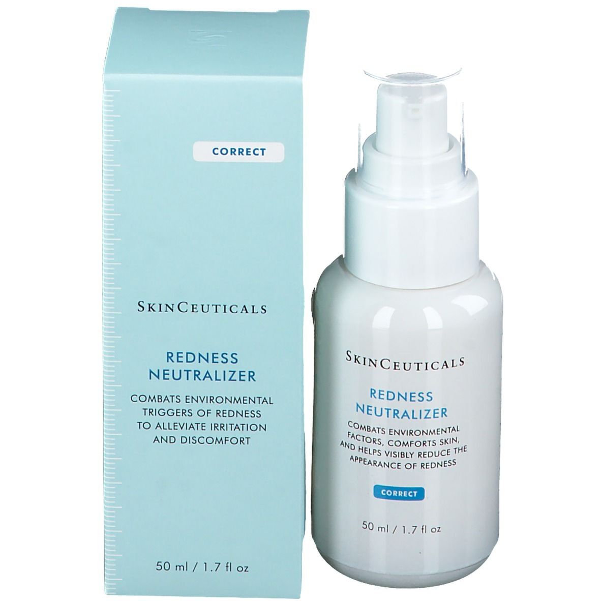 SkinCeuticals Redness Neutralizer Flasche und Schachtel. Weiße Flasche, hellblaue Schachtel. 50 ml.