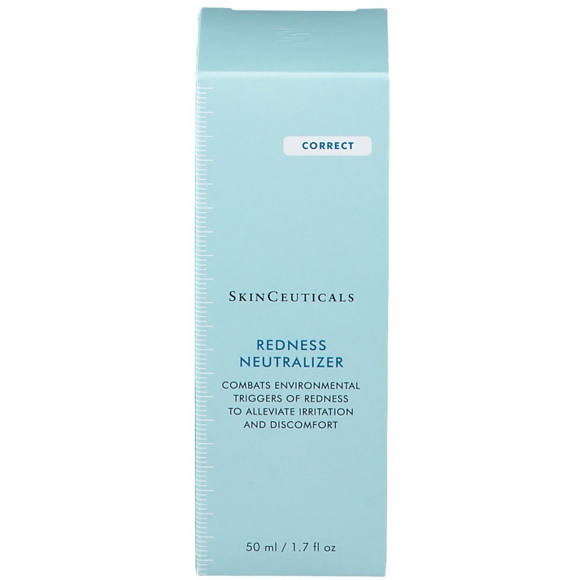 Hellblaue Schachtel. SkinCeuticals Redness Neutralizer. Blaue Messskala. 50 ml.