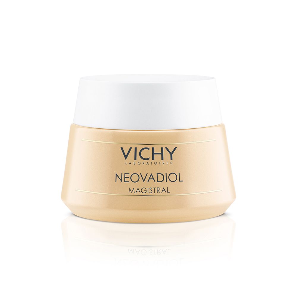 Cremebehälter mit weißem Deckel. Aufschrift: VICHY, NEOVADIOL MAGISTRAL. Beige-farbener Behälter.