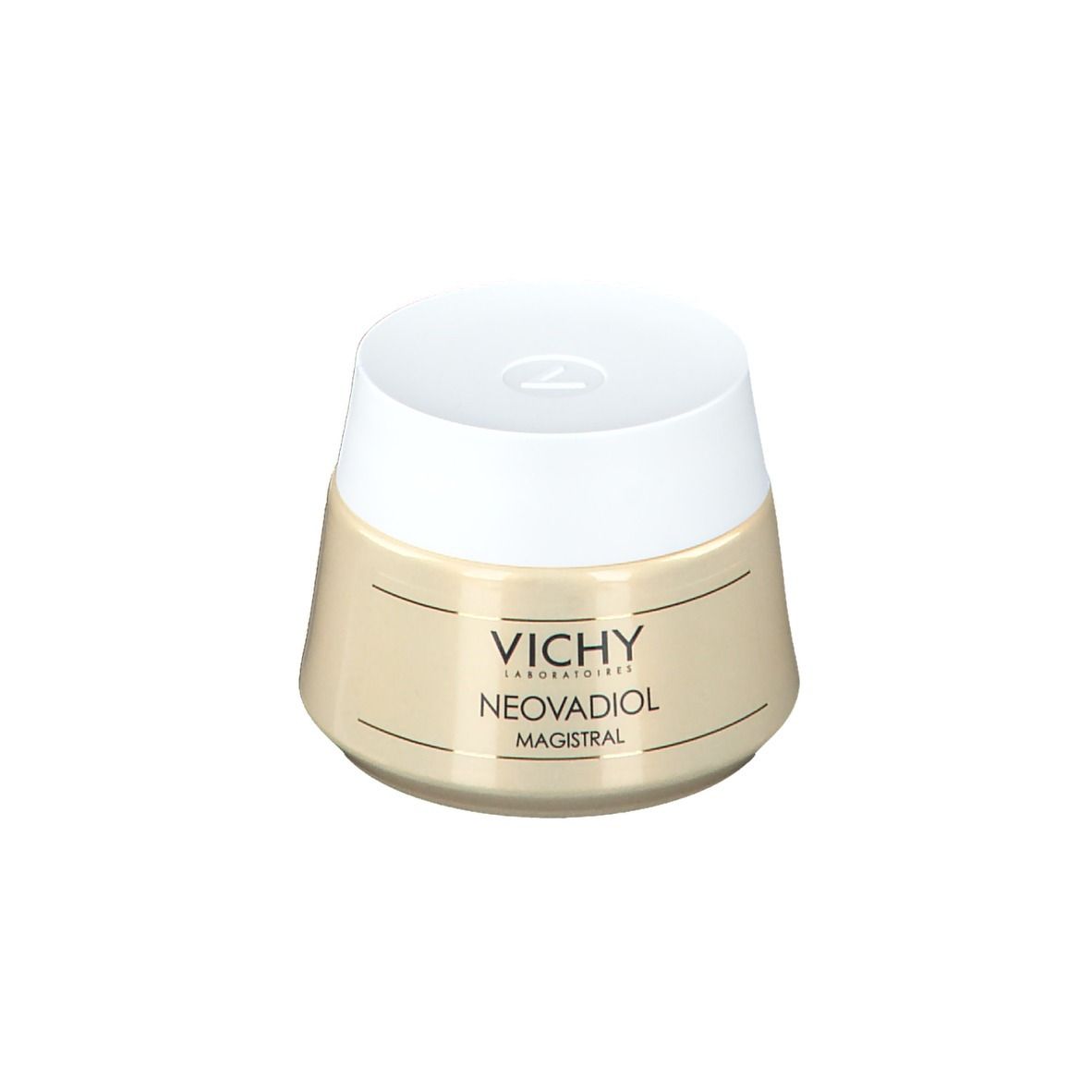 Cremebehälter mit weißem Deckel. Aufschrift: VICHY, NEOVADIOL MAGISTRAL. Beige-farbener Behälter.