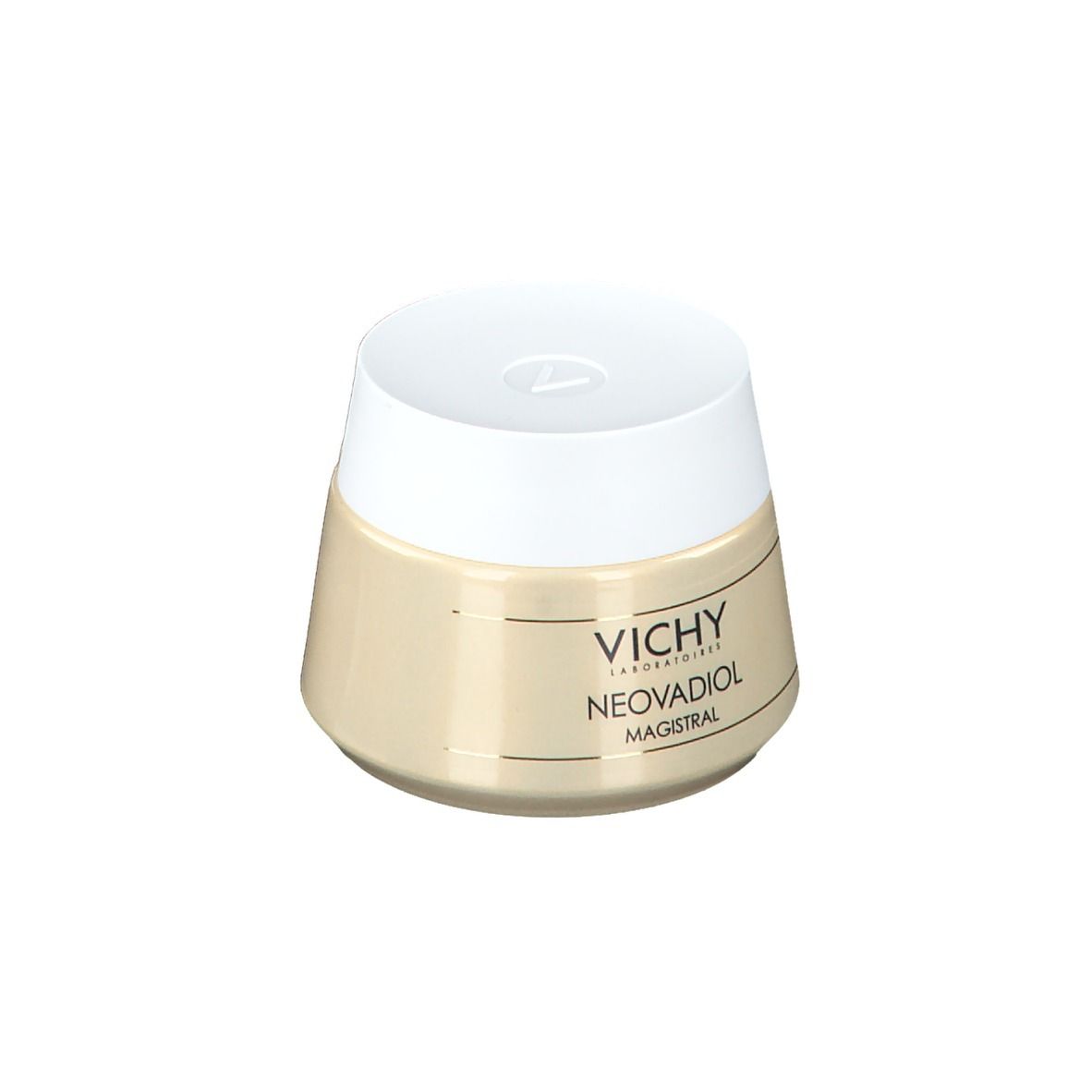 Cremebehälter mit weißem Deckel. Aufschrift: VICHY, NEOVADIOL MAGISTRAL. Beige-farbener Behälter.
