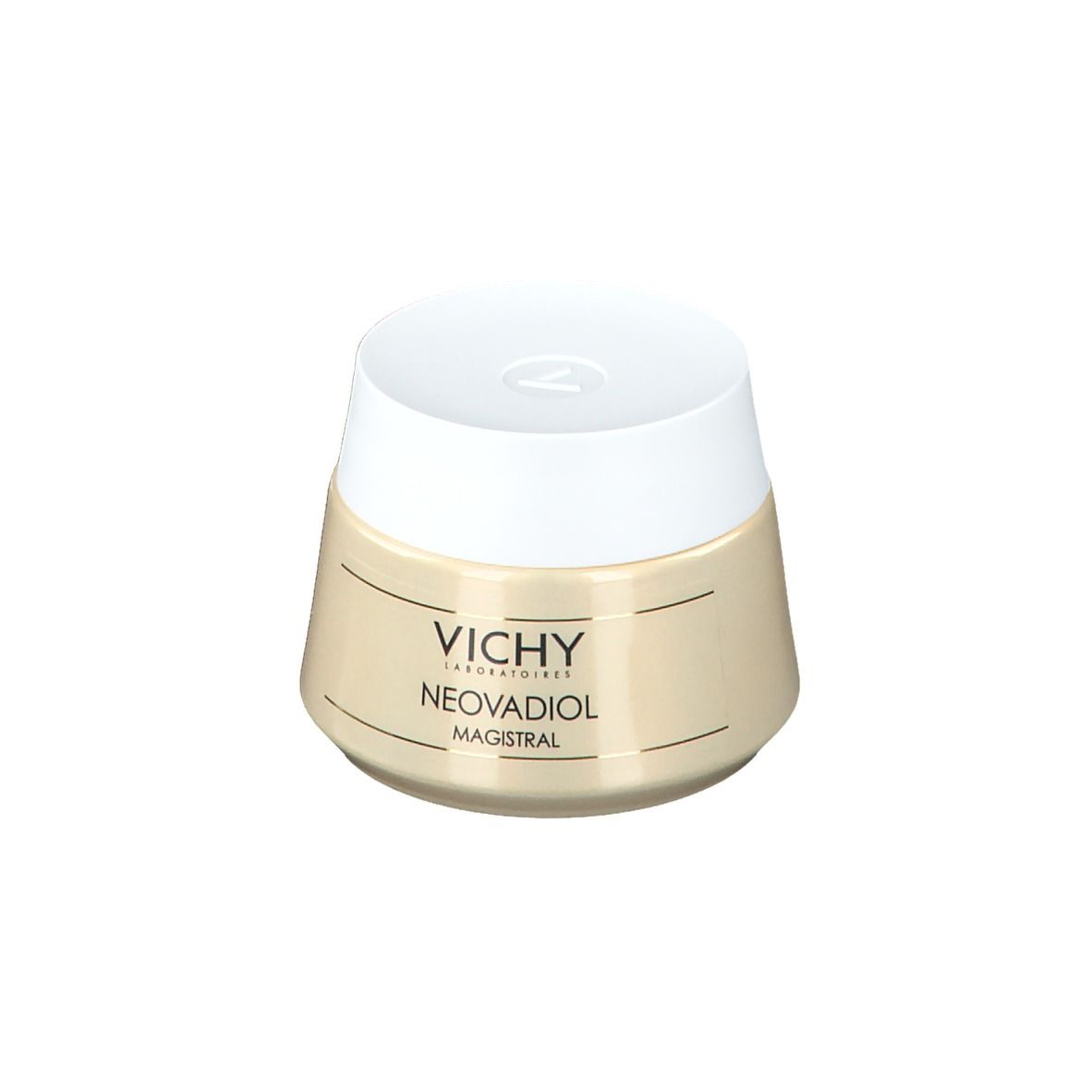 Cremebehälter mit weißem Deckel. Aufschrift: VICHY, NEOVADIOL MAGISTRAL. Beige-farbener Behälter.