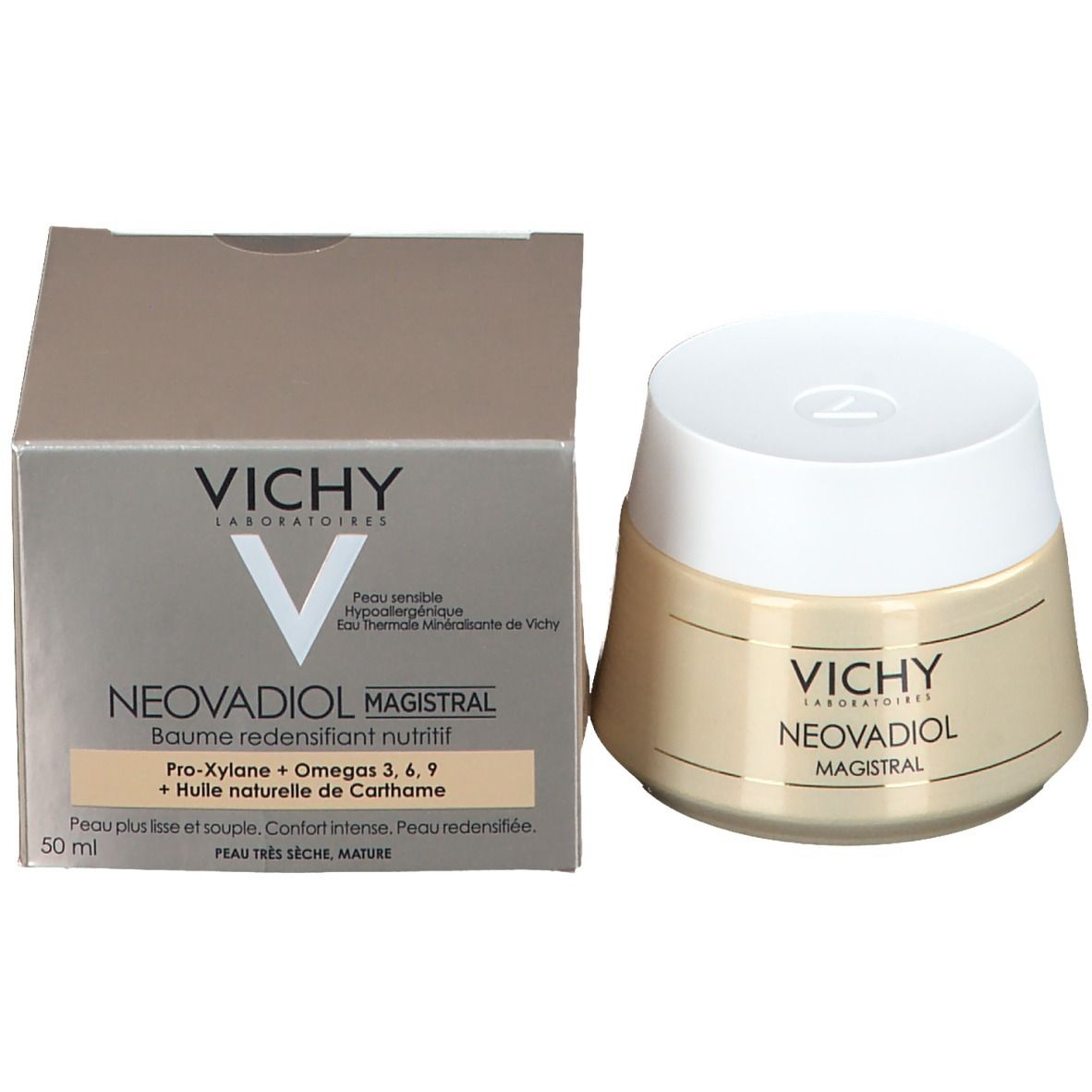 Karton und Cremebehälter. Aufschrift: VICHY, NEOVADIOL MAGISTRAL. 50 ml.