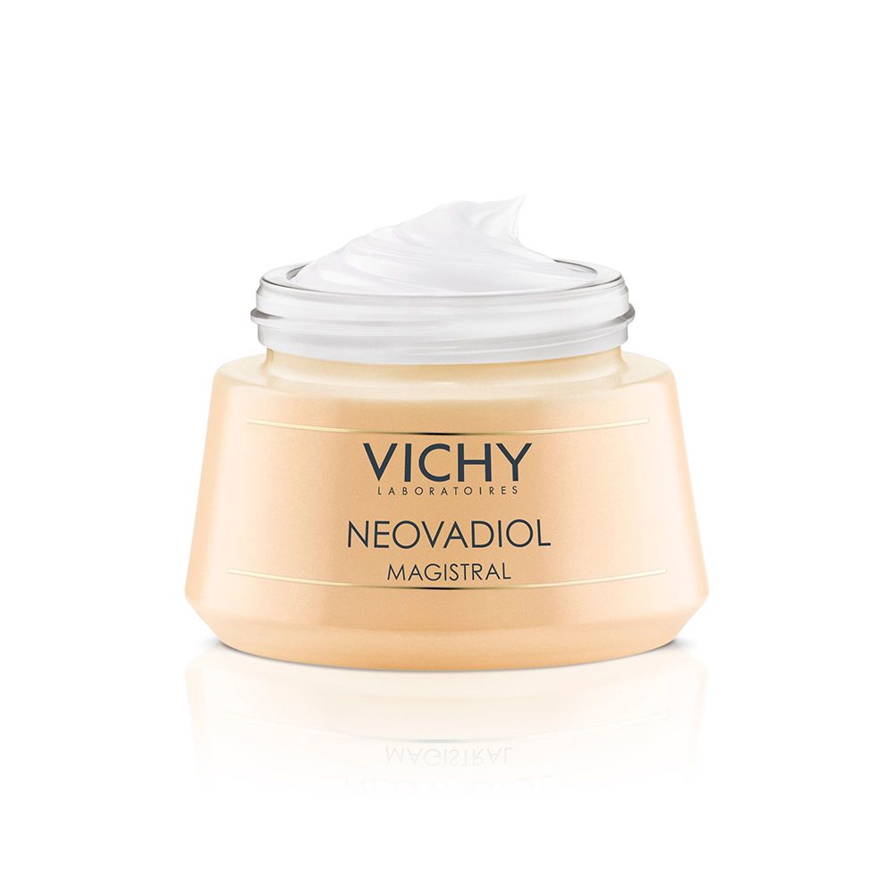 Cremebehälter mit weißem Deckel. Aufschrift: VICHY, NEOVADIOL MAGISTRAL. Creme-Textur.