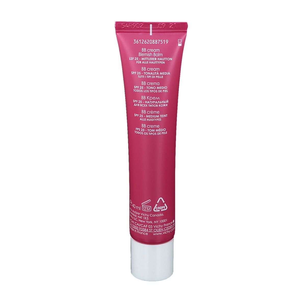 Rückseite der Vichy Idealia BB Crème Tube. Text: BB Crème, SPF 25, Inhaltsstoffe, Herstellerinformationen.