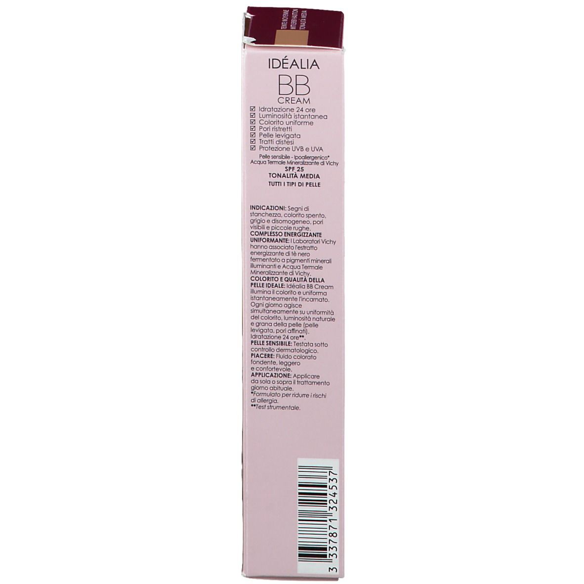 Vichy Idealia BB Crème Verpackung. Text: Idealia, BB Crème, Inhaltsstoffe, Anwendung, Herstellerinformationen.