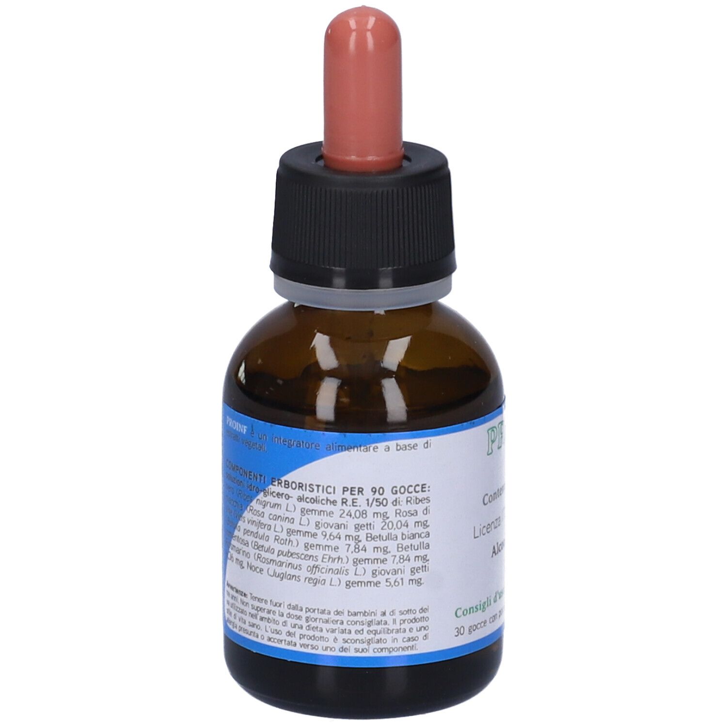 Braune Glasflasche mit Tropfer. Aufschrift PROINF, Inhaltsstoffe und weitere Informationen.