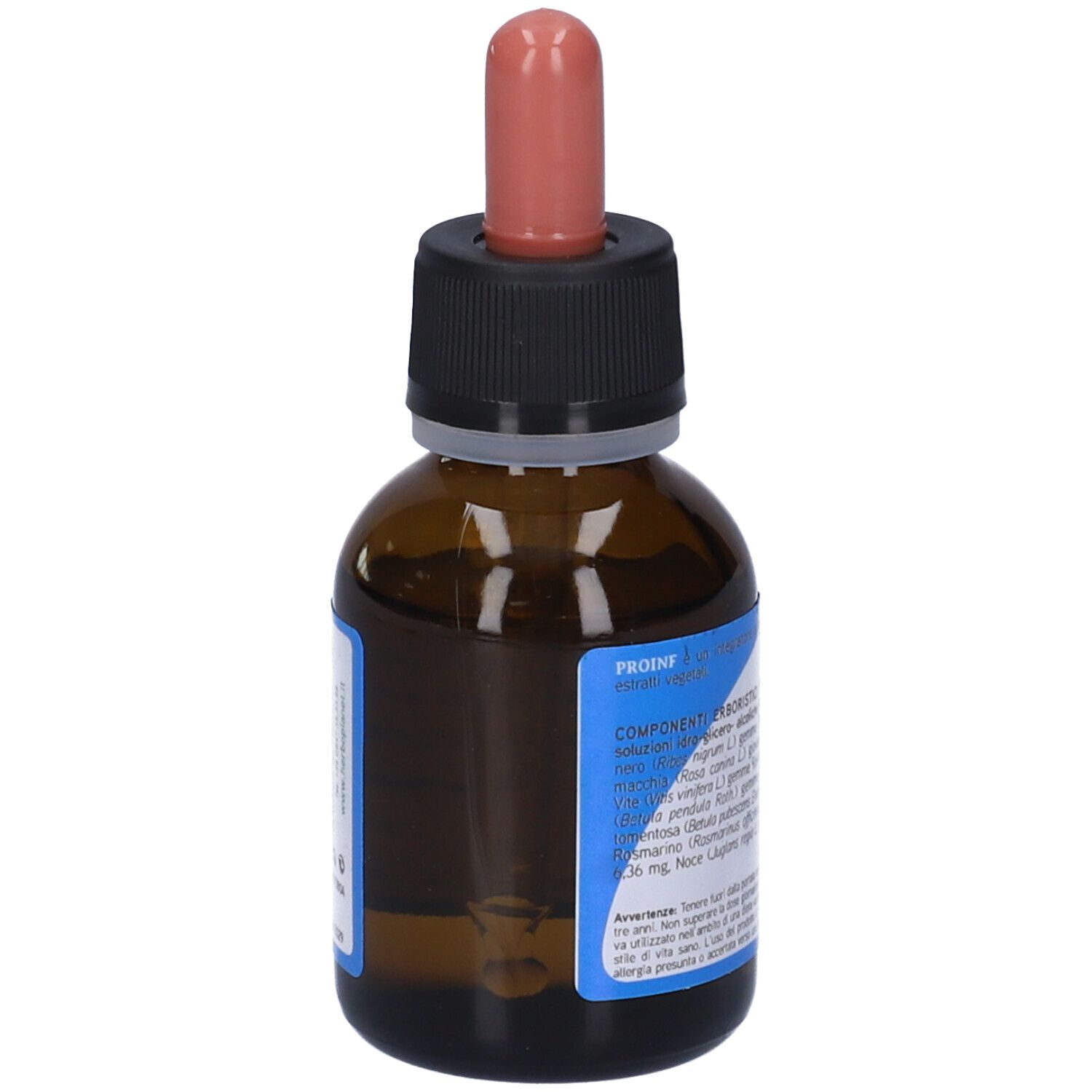 Braune Glasflasche mit Tropfer. Aufschrift PROINF, Inhaltsstoffe und weitere Informationen.