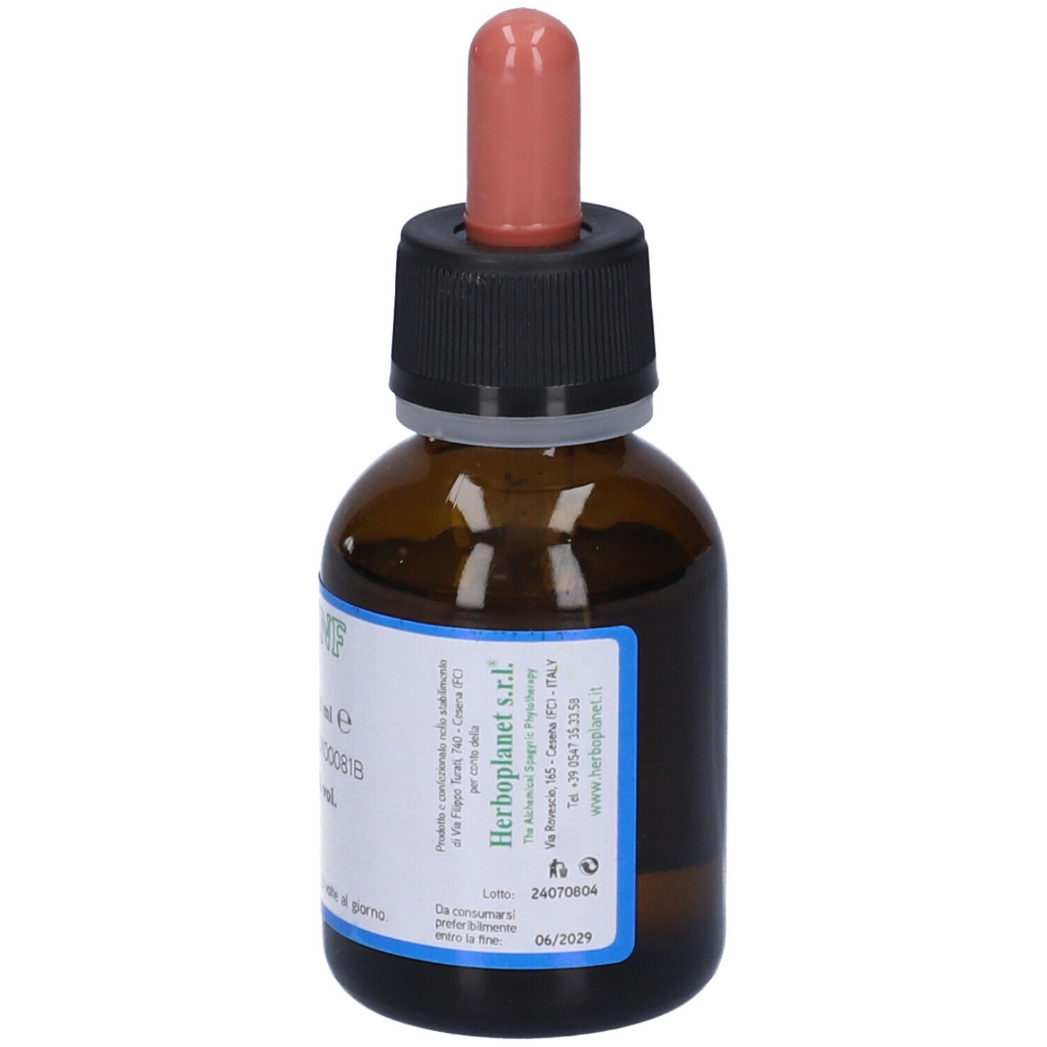 Braune Glasflasche mit Tropfer. Aufschrift PROINF, Herstellerinformationen und Verfallsdatum.