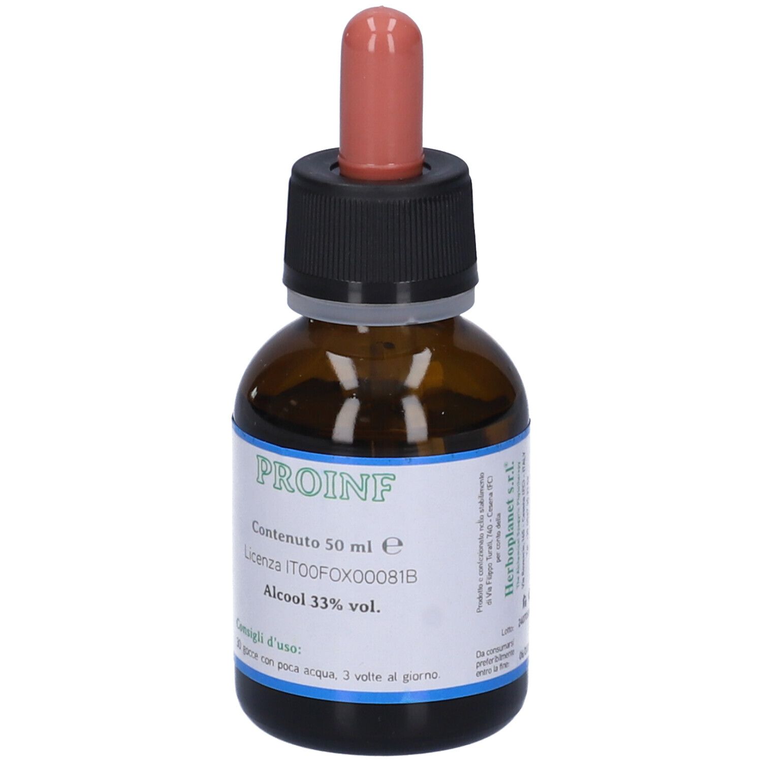 Braune Glasflasche mit Tropfer. Aufschrift PROINF, Inhalt 50 ml, Alkohol 33%.