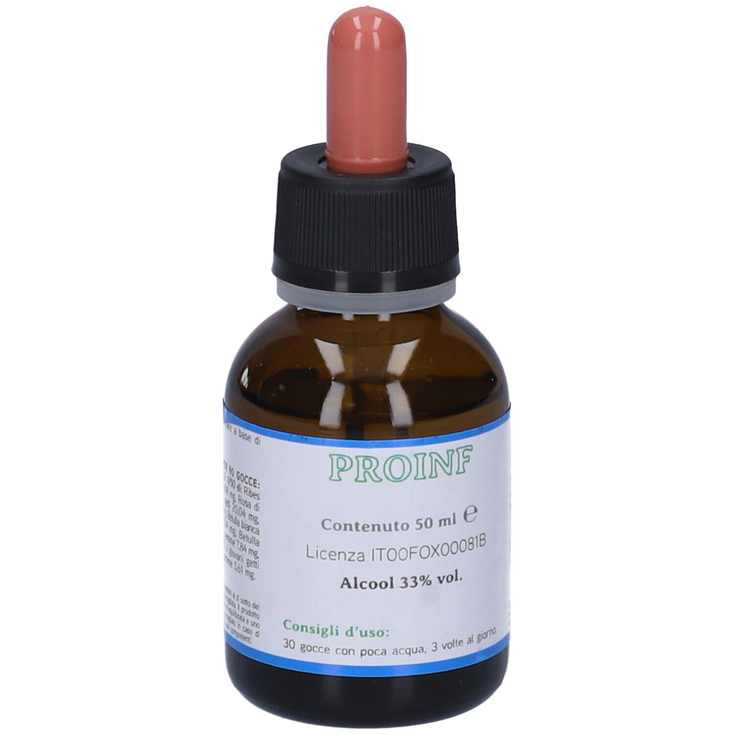 Braune Glasflasche mit Tropfer. Aufschrift PROINF, Inhalt 50 ml, Alkohol 33%.