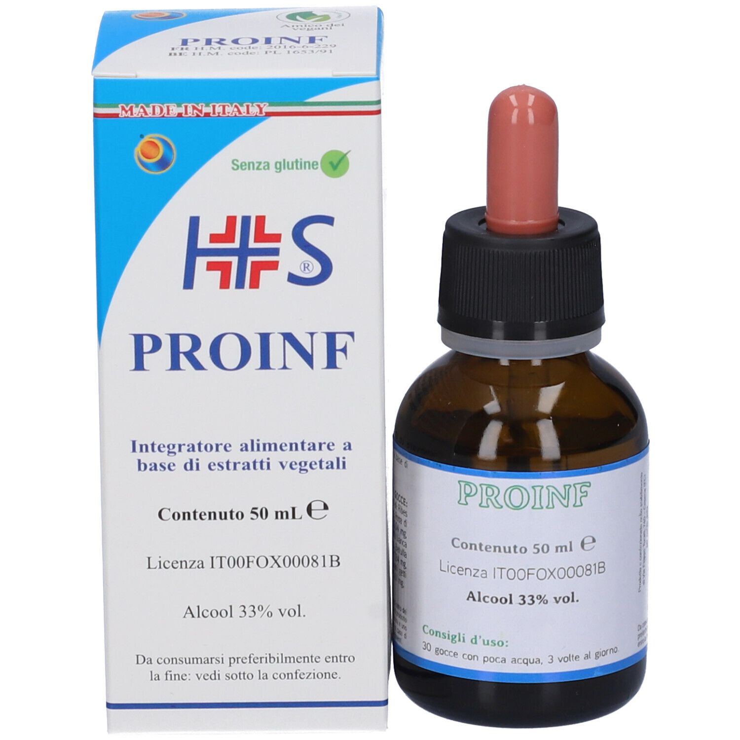 Produktflasche und Verpackung. Aufschrift PROINF, Inhalt 50 ml, Alkohol 33%.