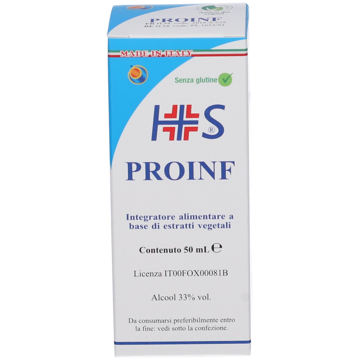 Produktverpackung. Aufschrift PROINF, Inhalt 50 ml, Alkohol 33%.