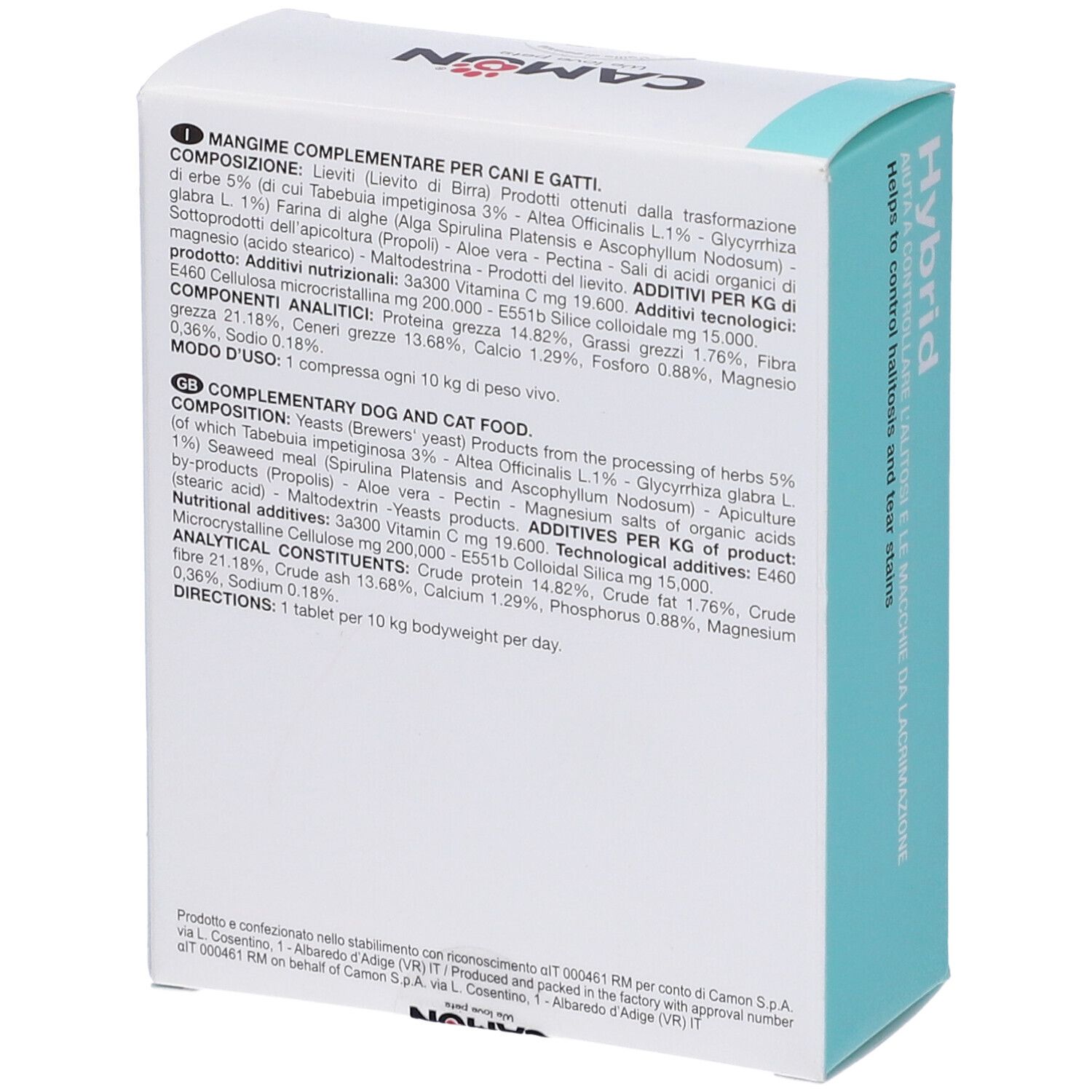 Rückseite der Hybrid-Verpackung. Inhaltsstoffe und Nährwertangaben. Text in Italienisch und Englisch.