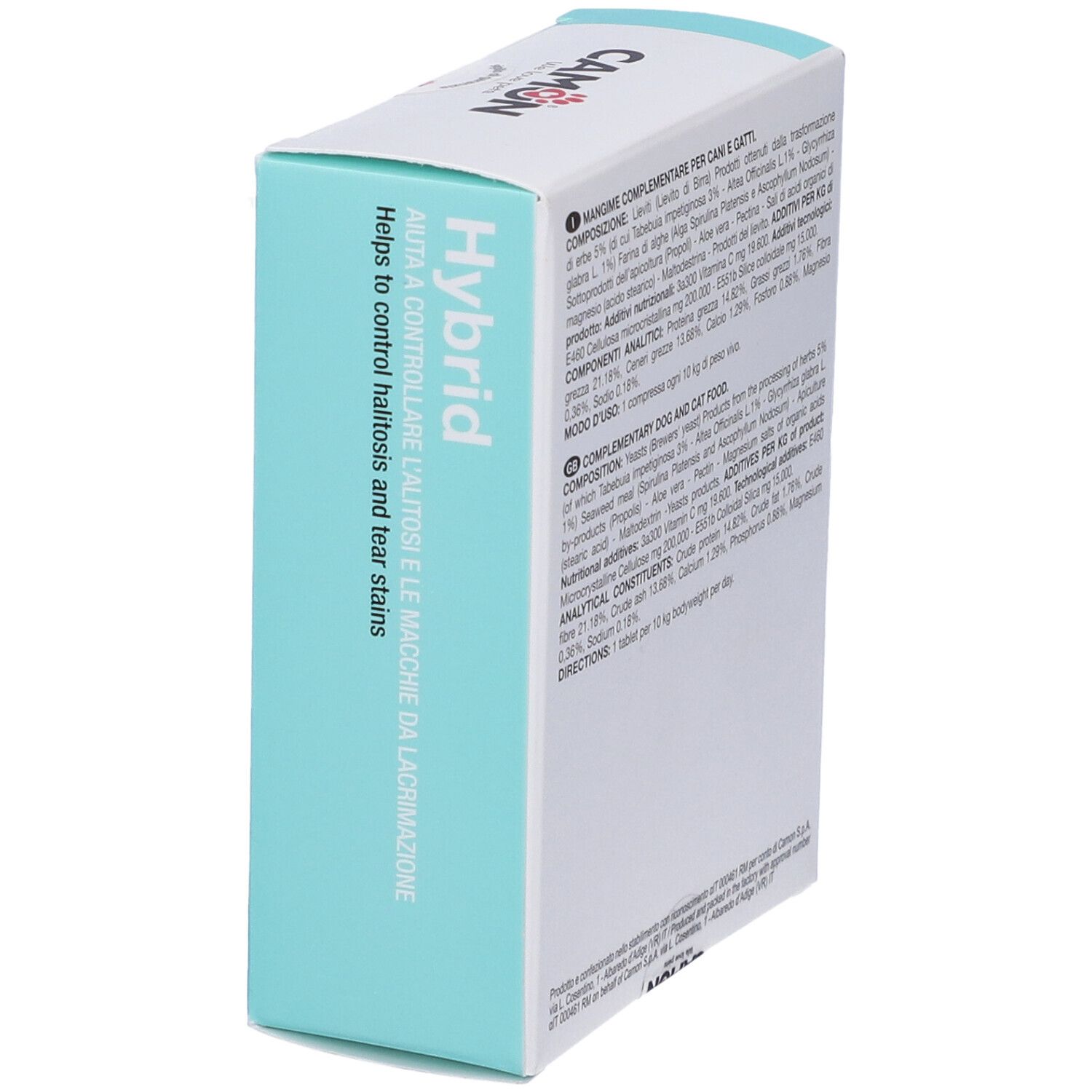 Hybrid-Verpackung von CAMON. Text in Italienisch und Englisch. Inhaltsstoffe und Anwendung.