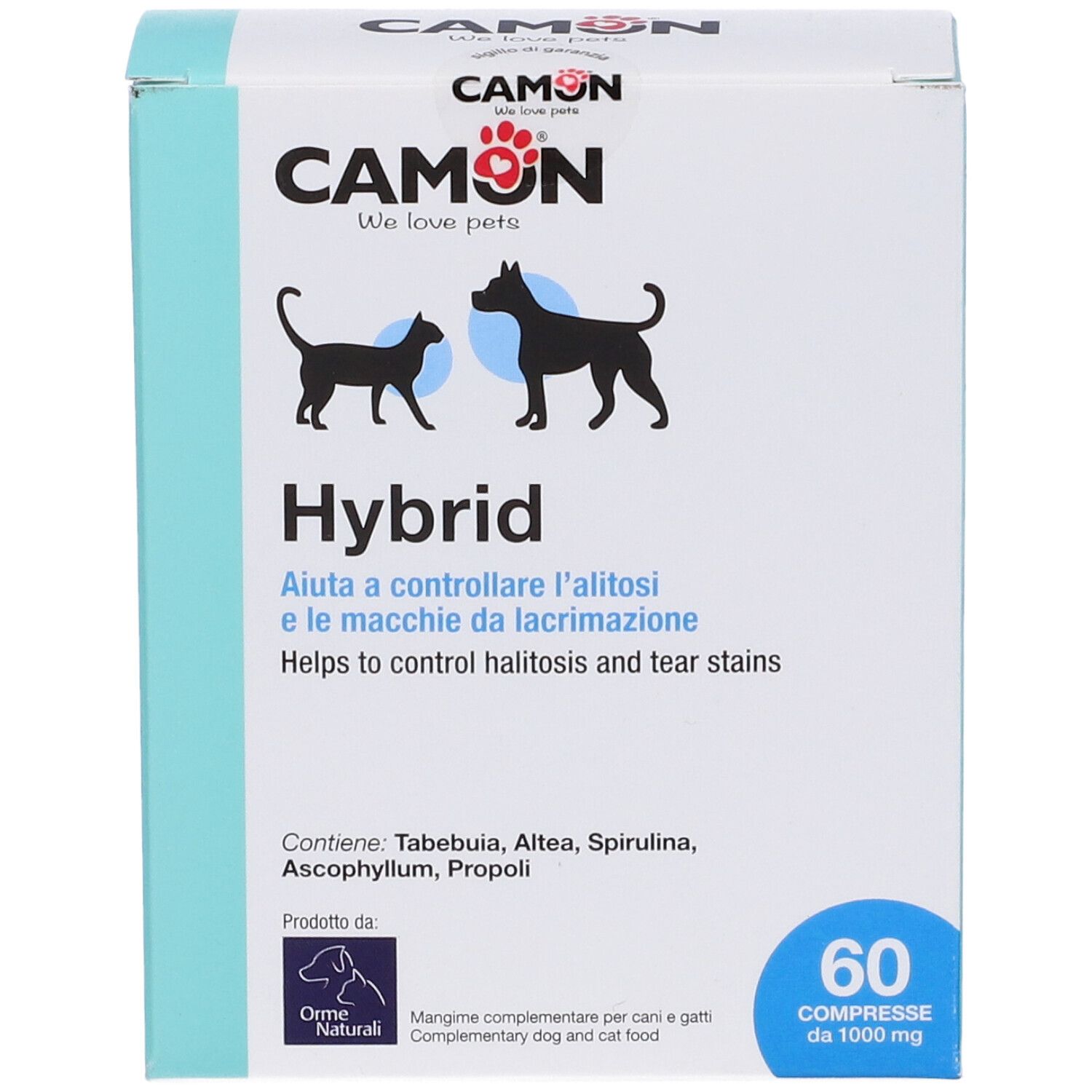 Karton Hybrid von CAMON. 60 Tabletten. Hilft bei Mundgeruch und Tränenflecken bei Hunden und Katzen.