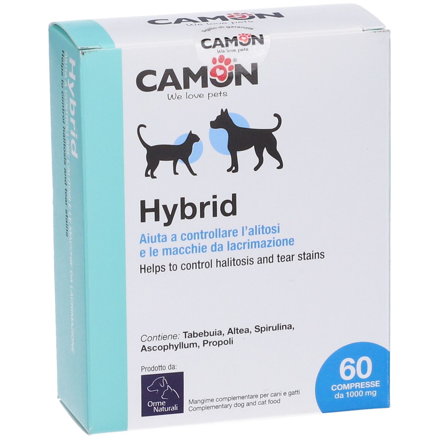 Karton Hybrid von CAMON. 60 Tabletten. Hilft bei Mundgeruch und Tränenflecken bei Hunden und Katzen.
