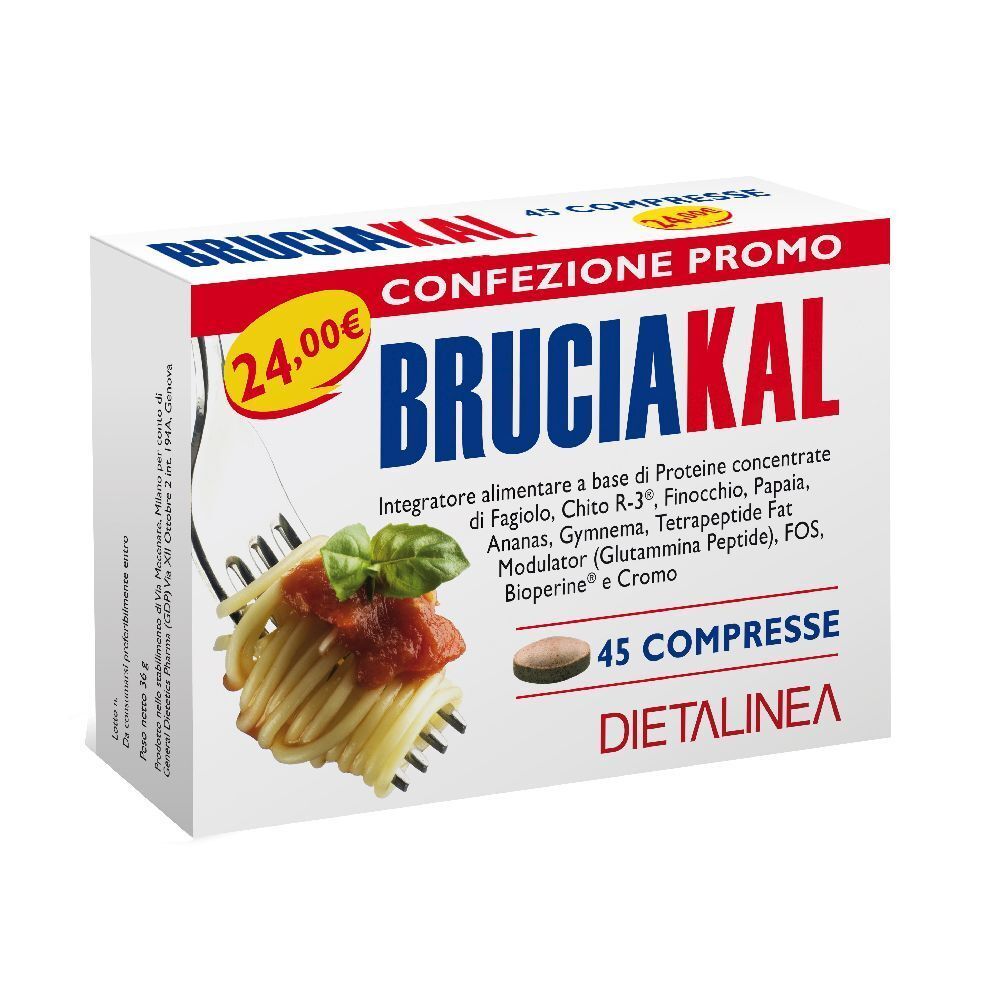 Scatola Bruciakal, 45 compresse. Prezzo: 24,00€. Immagine di pasta al pomodoro su forchetta.