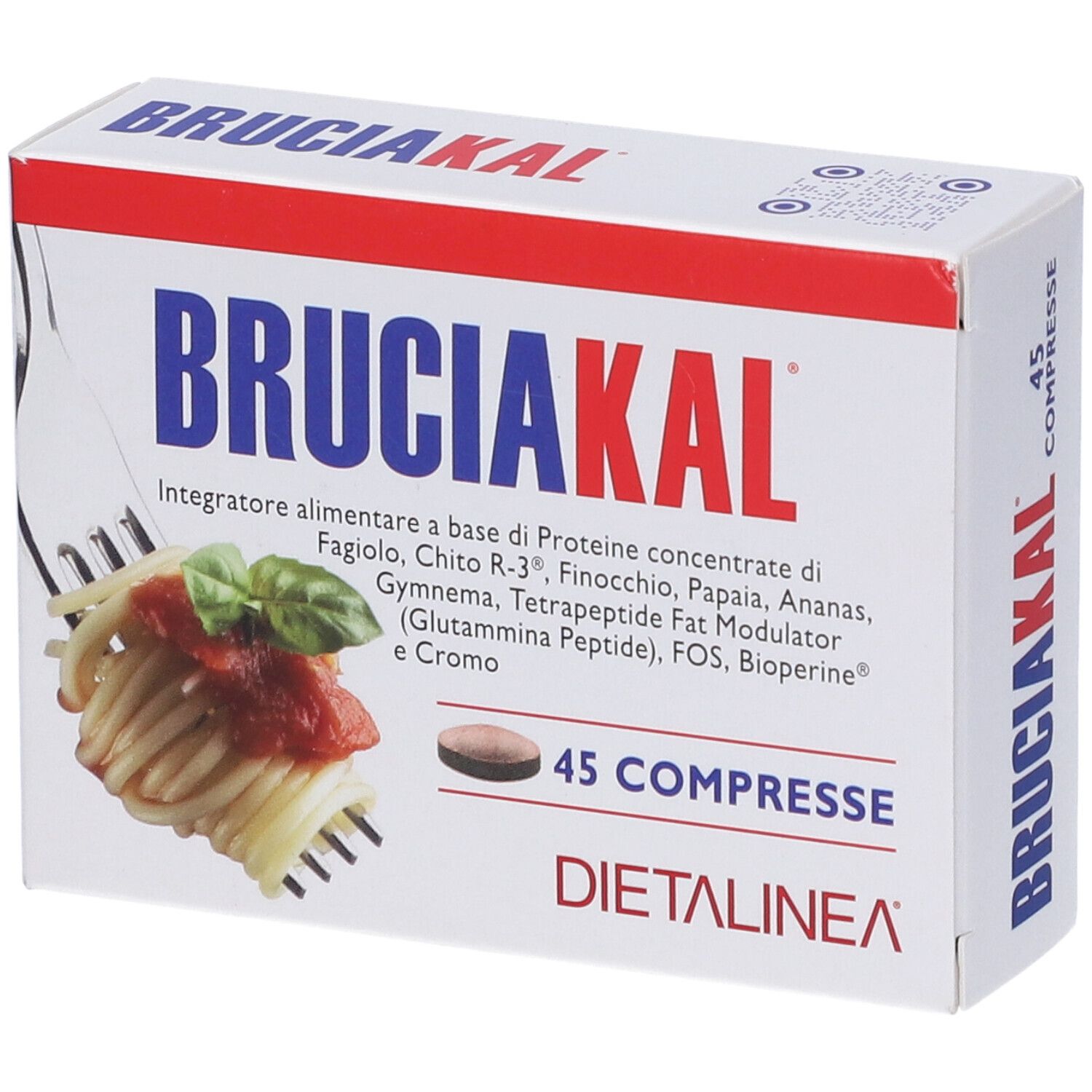 Scatola Bruciakal, 45 compresse. Ingredienti, 45 compresse, Dietalinea. Immagine di pasta.