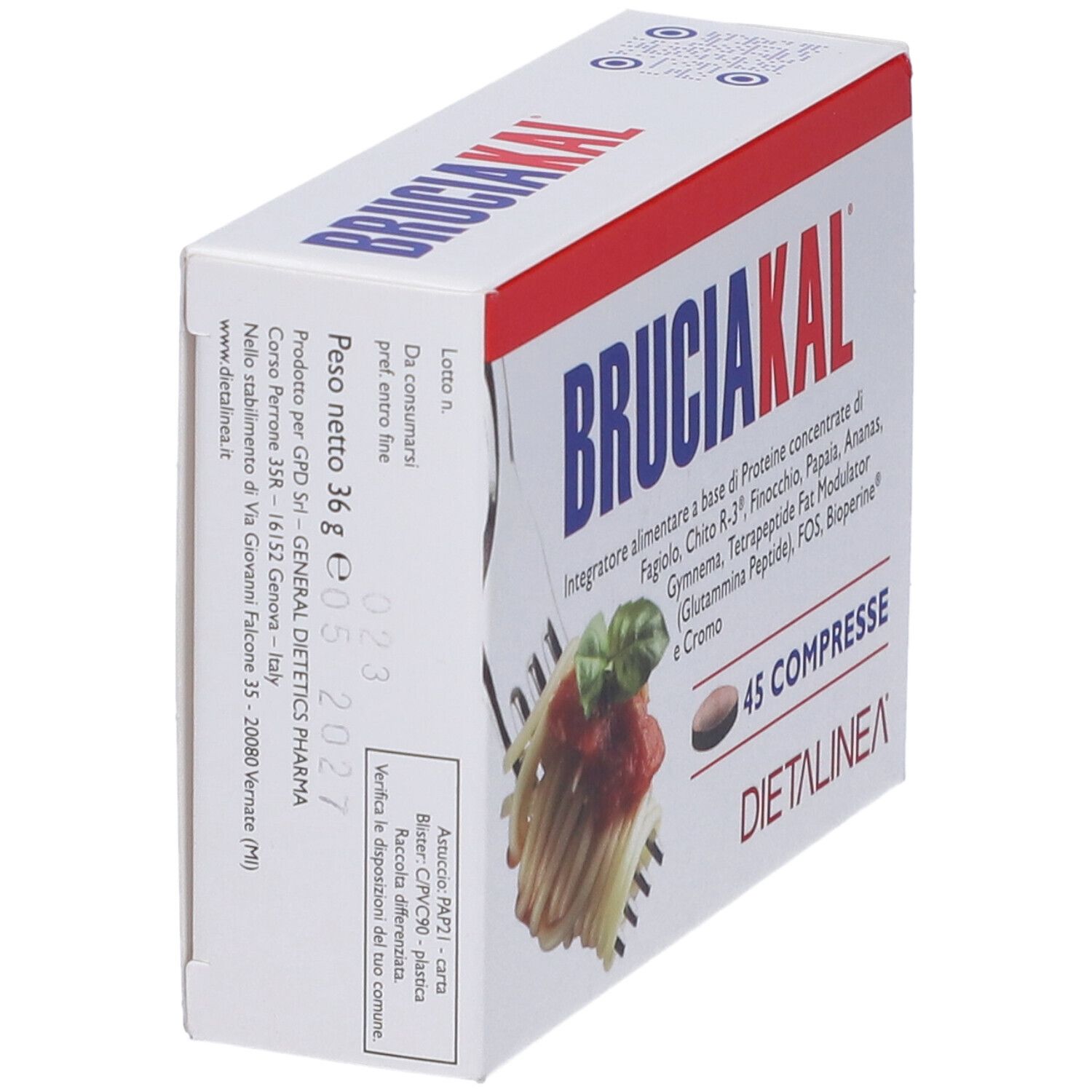 Scatola Bruciakal, 45 compresse. Ingredienti, 45 compresse, Dietalinea. Vista dall'alto.