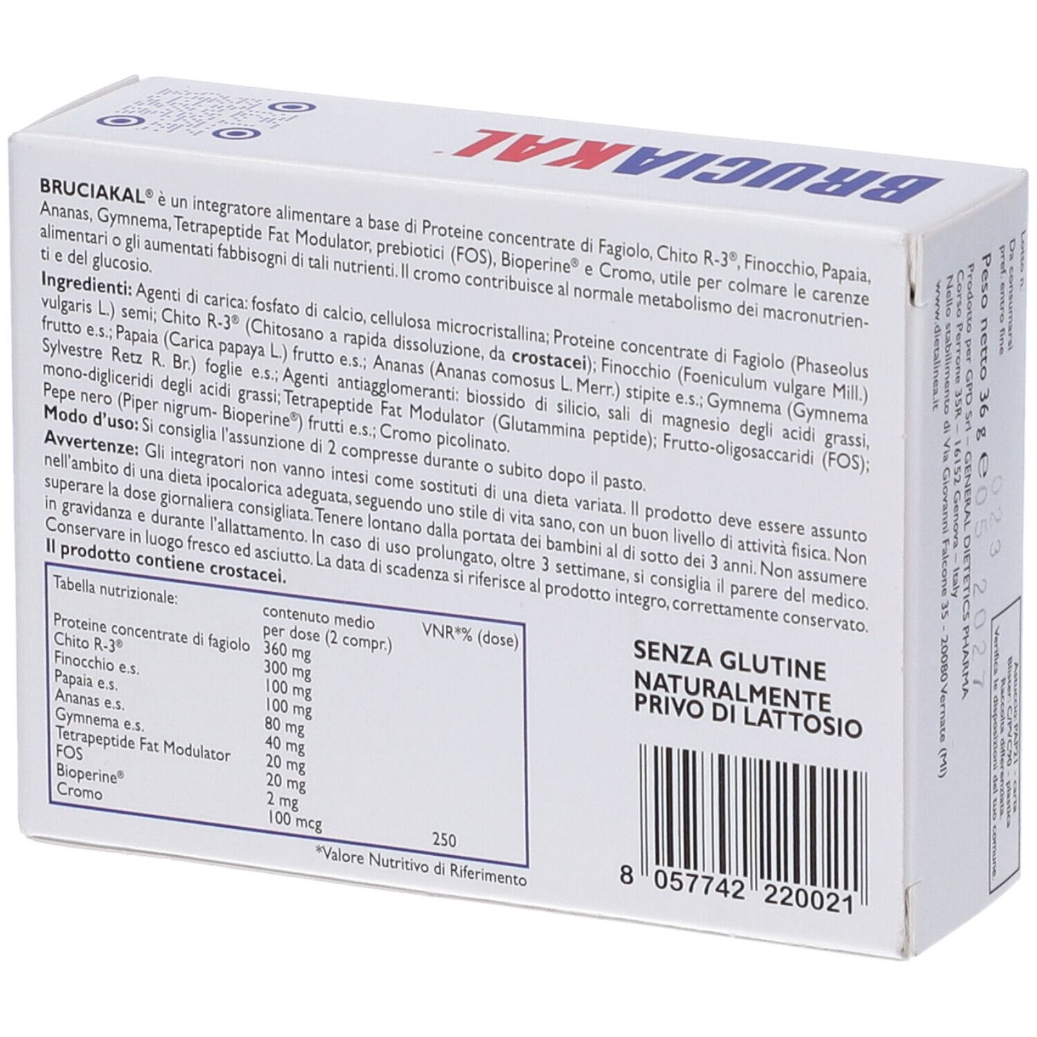 Retro della scatola Bruciakal. Testo: ingredienti, tabella nutrizionale, senza glutine, senza lattosio.