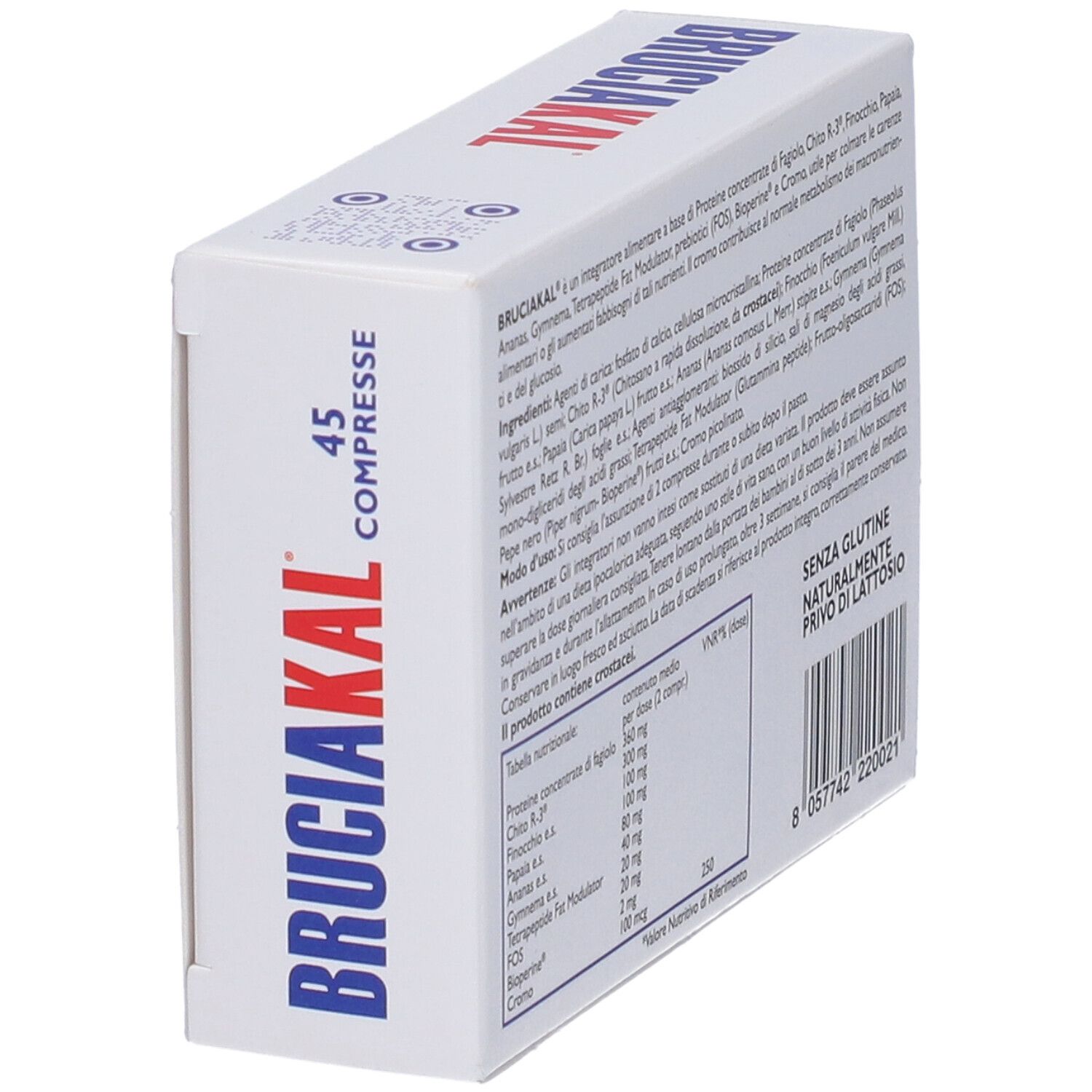 Scatola Bruciakal, 45 compresse. Testo: ingredienti, senza glutine, senza lattosio. Vista dall'alto.