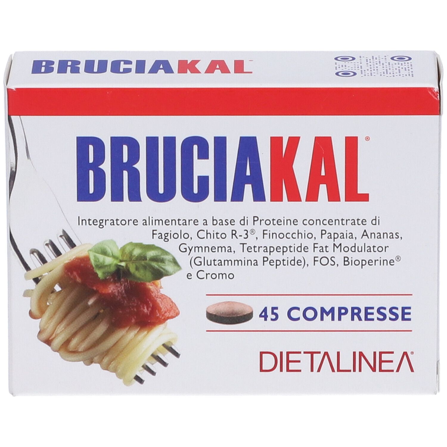 Scatola Bruciakal, 45 compresse. Ingredienti, 45 compresse, Dietalinea. Immagine di pasta.