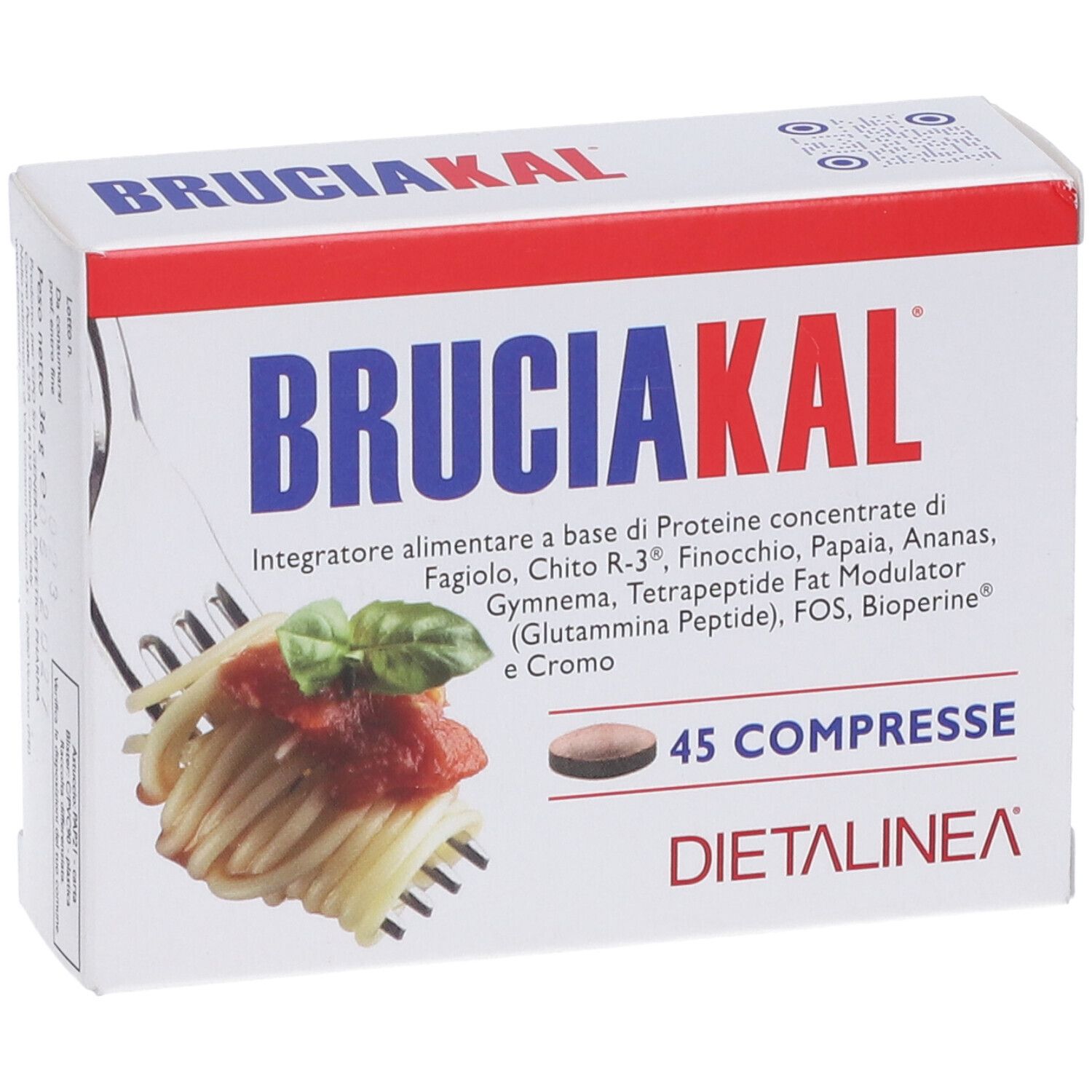Scatola Bruciakal, 45 compresse. Ingredienti, 45 compresse, Dietalinea. Immagine di pasta.