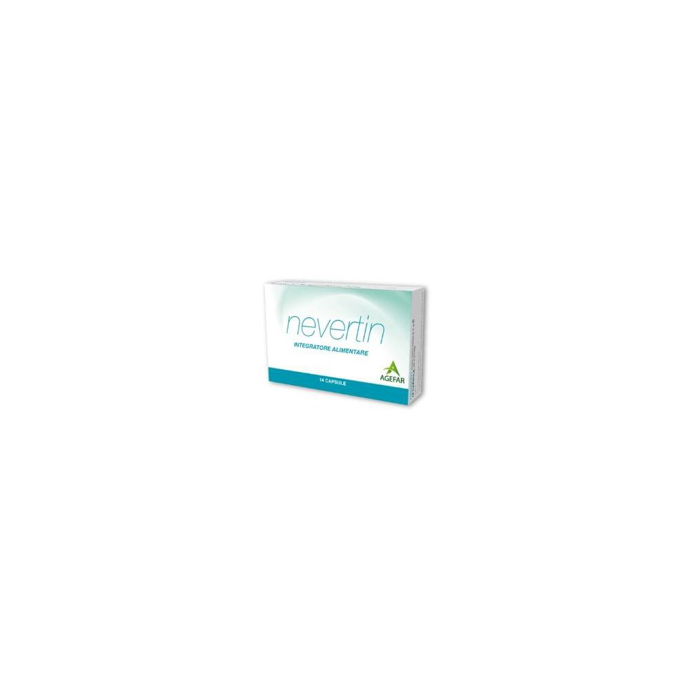 Confezione Nevertin, 14 capsule. Scatola bianca e blu con nome e logo del prodotto.