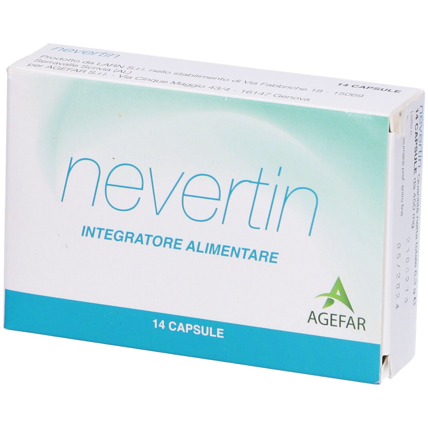 Scatola Nevertin, 14 capsule. Confezione bianca e blu con nome, logo e testo del prodotto.