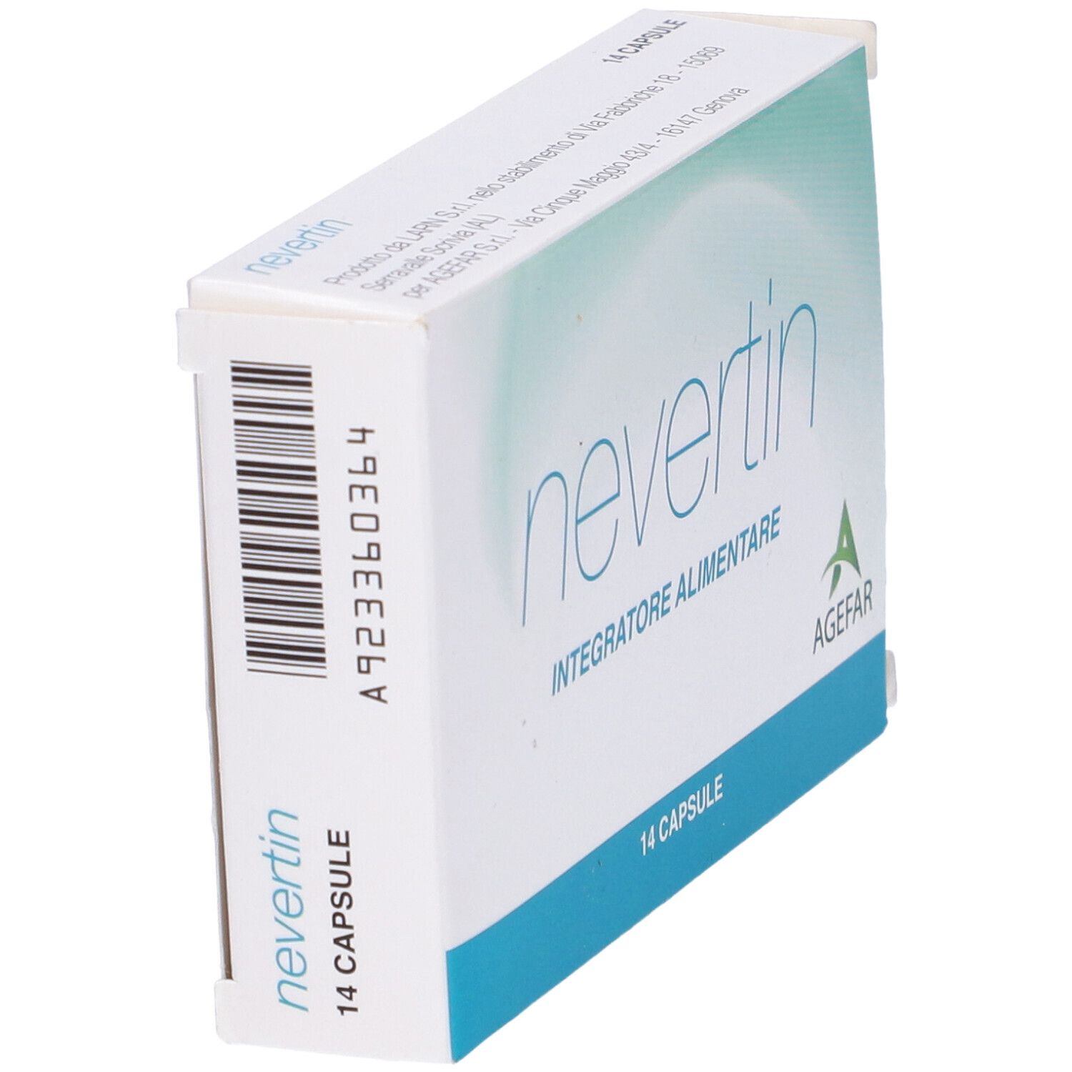 Scatola Nevertin, 14 capsule. Confezione bianca e blu inclinata, con codice a barre.