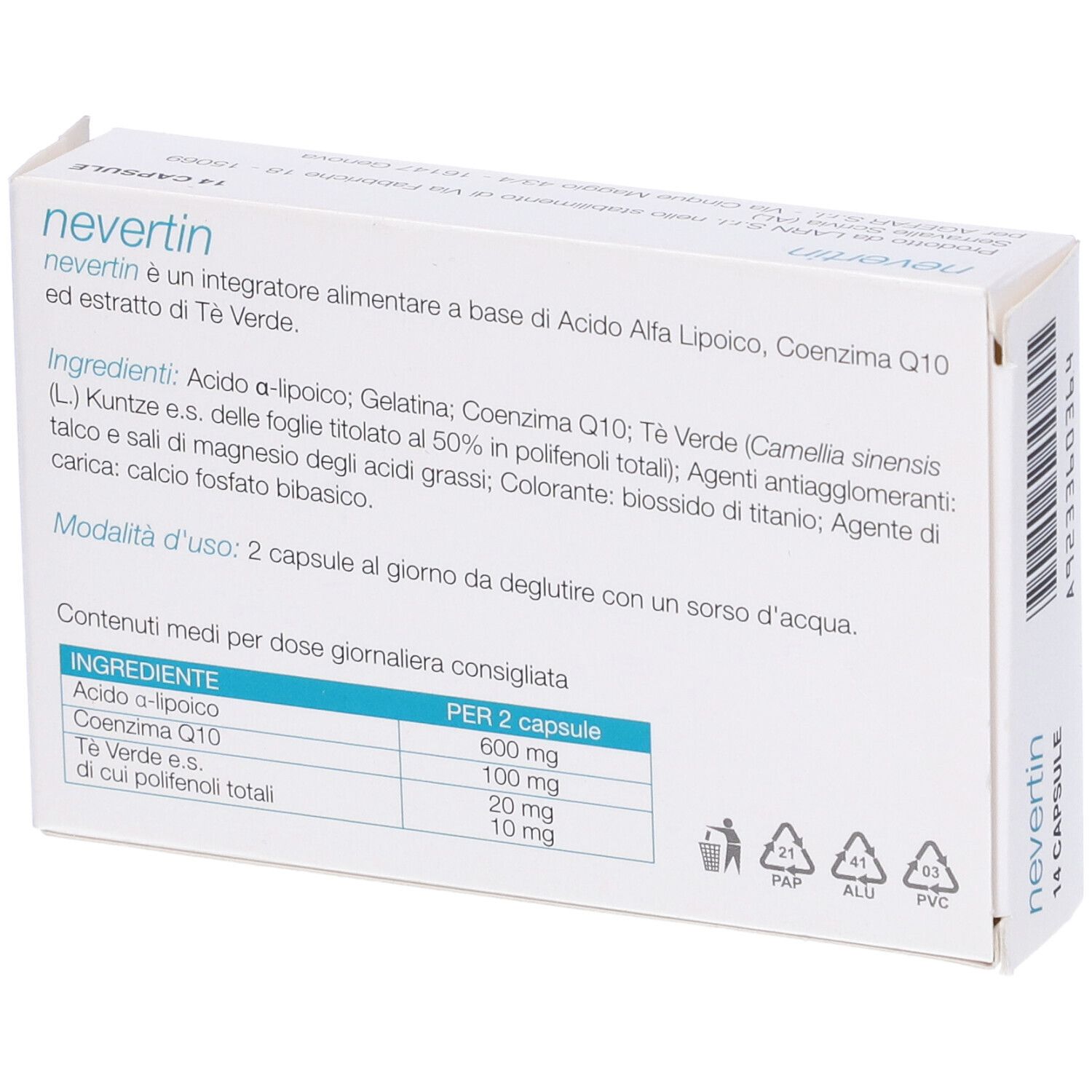 Retro della scatola Nevertin, 14 capsule. Contiene ingredienti e informazioni nutrizionali.