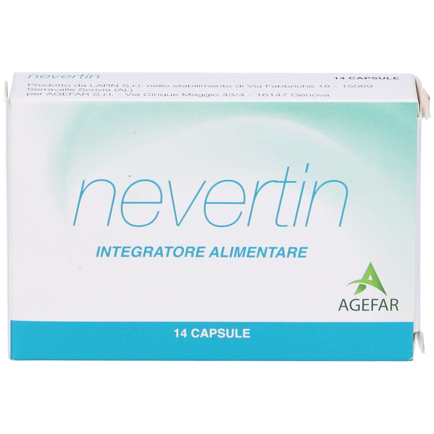 Scatola Nevertin, 14 capsule. Confezione bianca e blu con nome, logo e testo del prodotto.