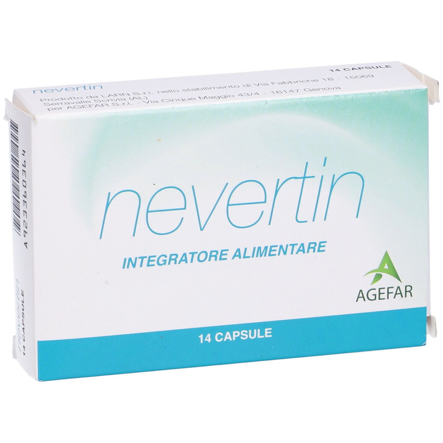 Scatola Nevertin, 14 capsule. Confezione bianca e blu con nome, logo e testo del prodotto.