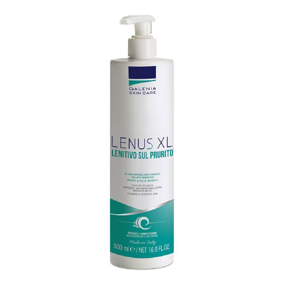 Flacone bianco con dosatore. Scritta: GALENIA Skin Care, LENUS XL, LENITIVO SUL PRURITO. Etichetta turchese e bianca.