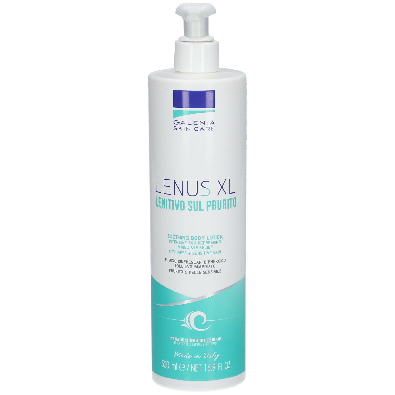 Flacone bianco con dosatore. Scritta: GALENIA Skin Care, LENUS XL, LENITIVO SUL PRURITO. Etichetta turchese e bianca.