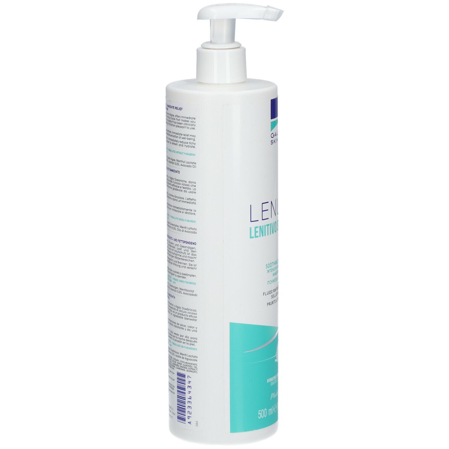 Flacone bianco con dosatore. Retro con testo. Scritta: LENUS XL. Etichetta turchese e bianca. Prodotto in Italia.