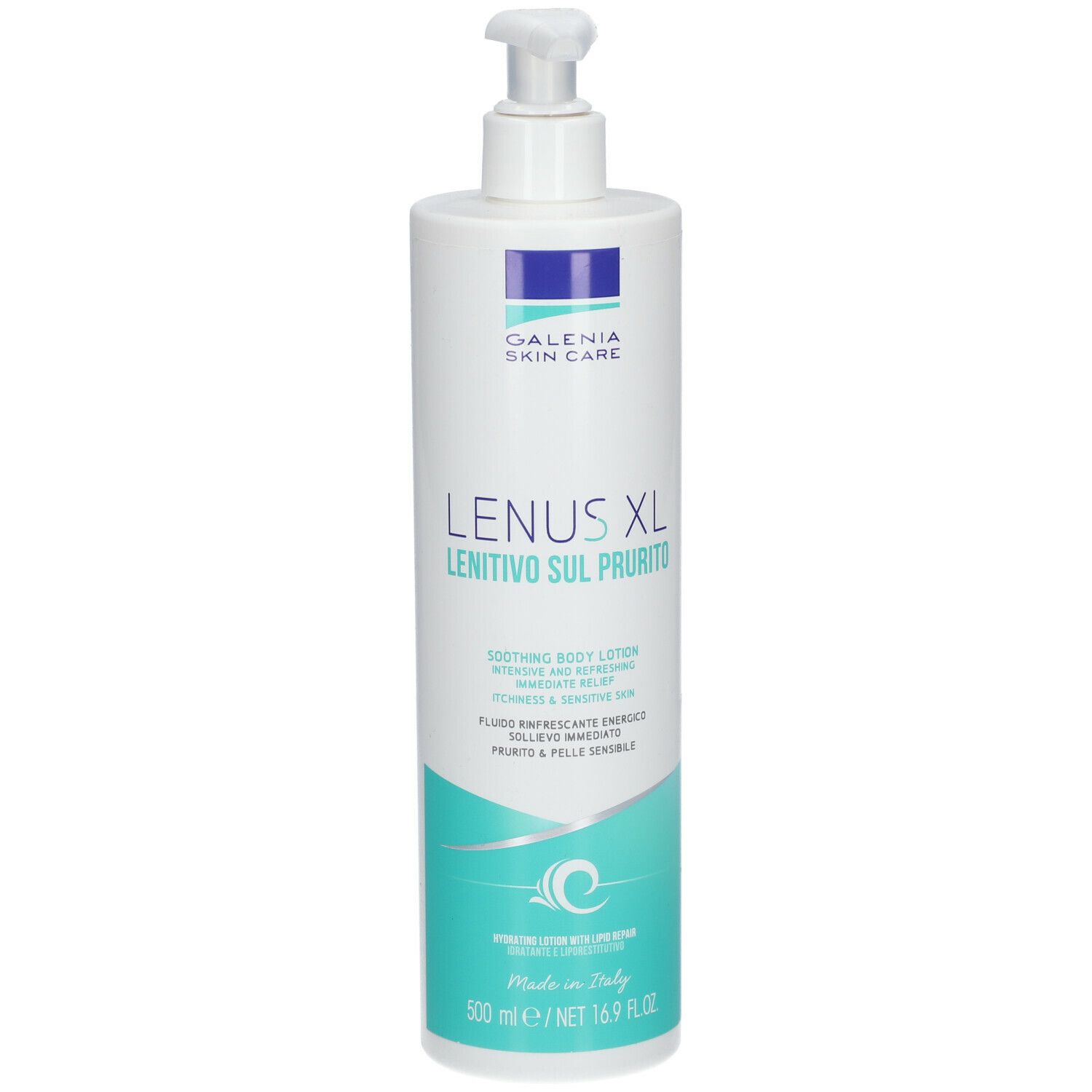 Flacone bianco con dosatore. Scritta: GALENIA Skin Care, LENUS XL, LENITIVO SUL PRURITO. Etichetta turchese e bianca.