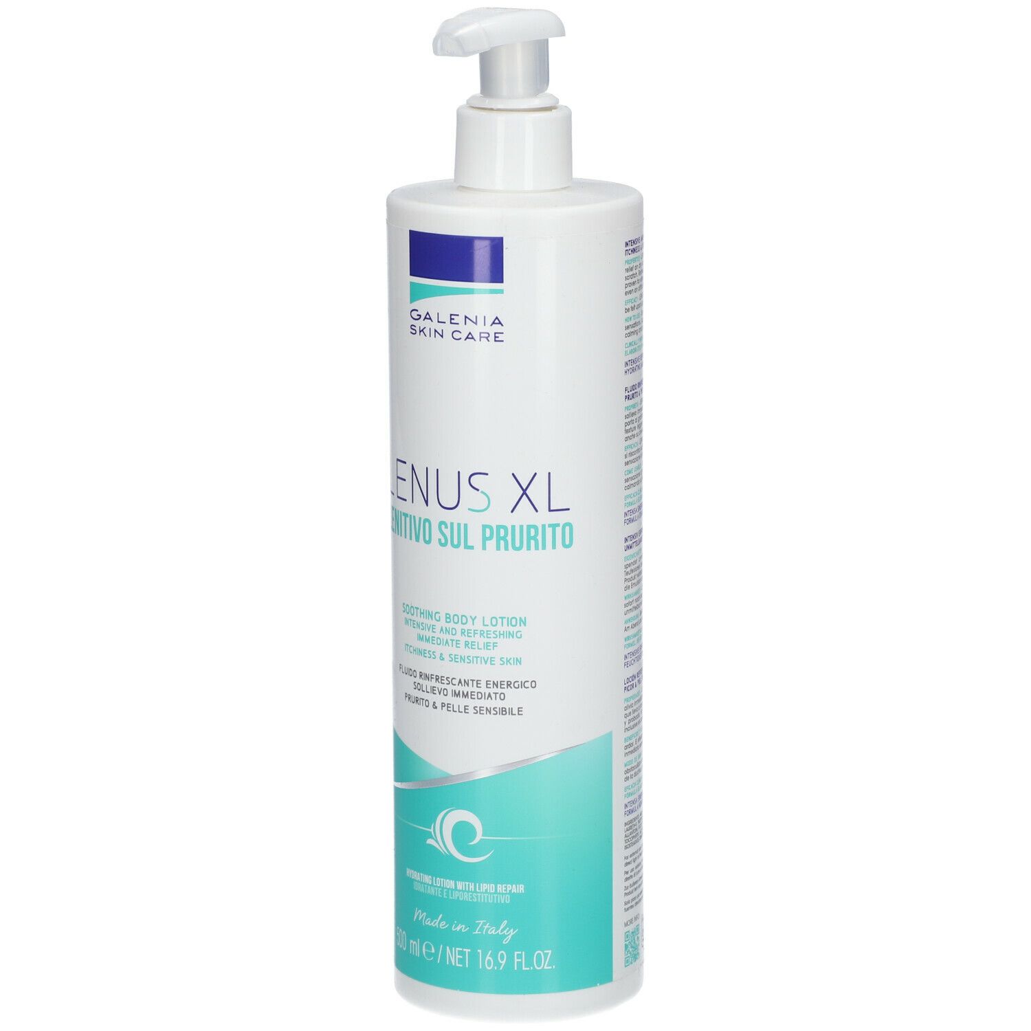 Flacone bianco con dosatore. Scritta: GALENIA Skin Care, LENUS XL, LENITIVO SUL PRURITO. Etichetta turchese e bianca.