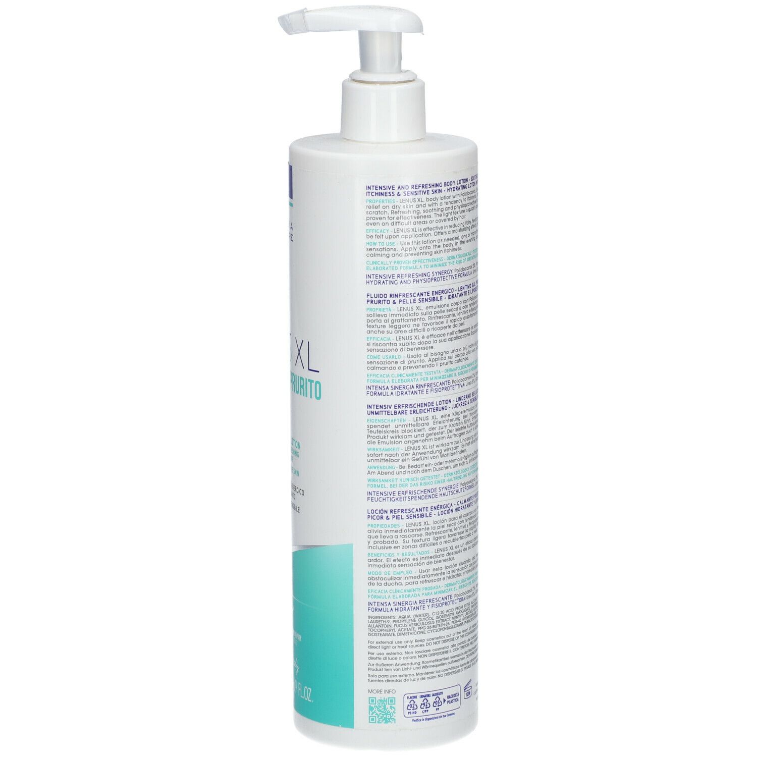 Flacone bianco con dosatore. Retro con testo. Scritta: LENUS XL. Etichetta turchese e bianca. Prodotto in Italia.