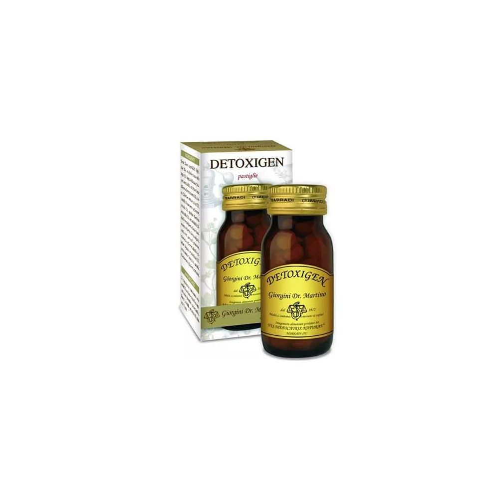 Due bottiglie di vetro marrone con tappi dorati ed etichette. Accanto, una scatola con la scritta DETOXIGEN.